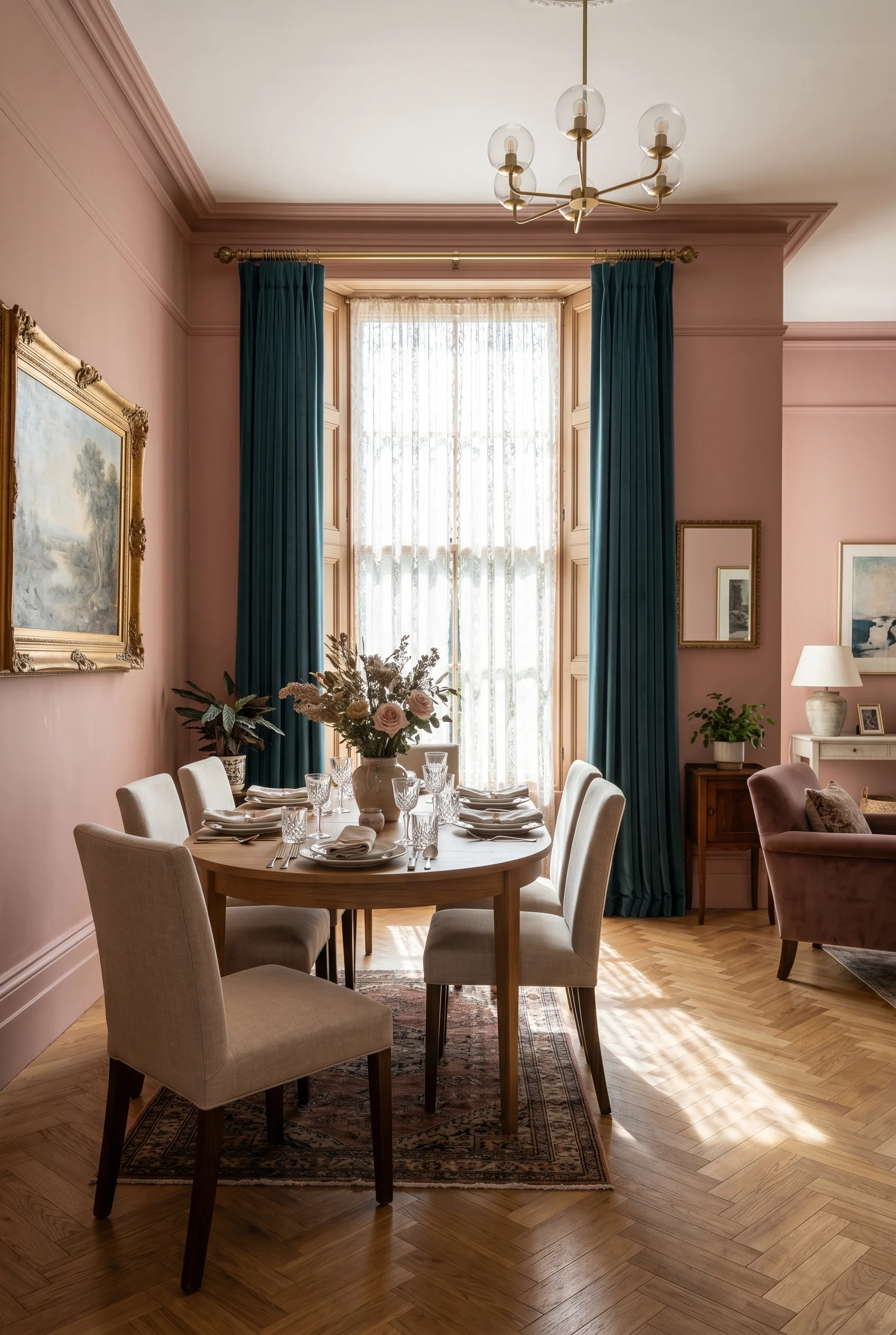 Victorian Dining Room featuring velvet curtains against F&B No. 295 Sulking Room Pink, colour-drenched warm dusty rose walls