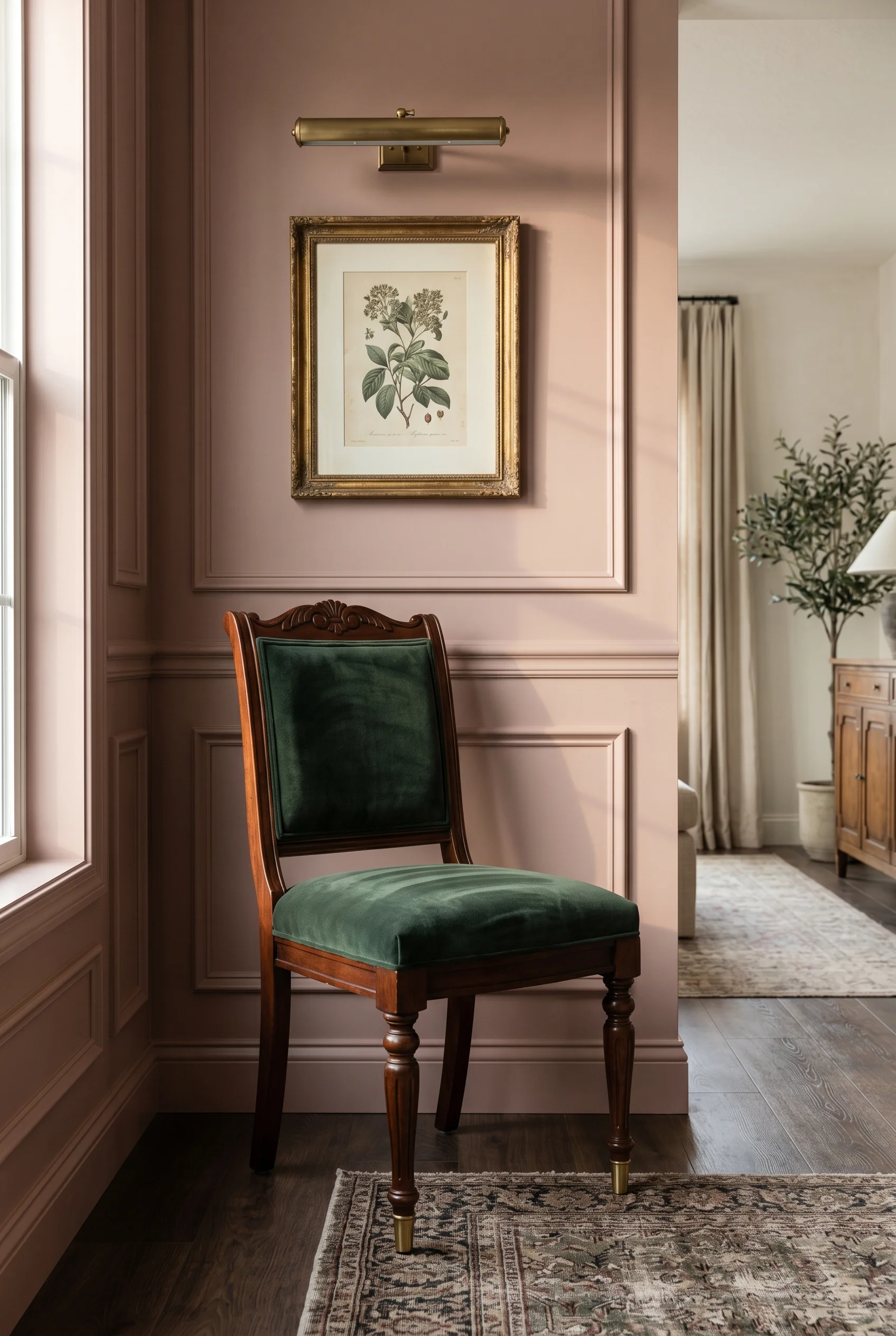 Victorian Dining Room featuring velvet dining chair against F&B No. 49 Porphyry Pink, accent wall behind chair, adjacent walls in soft plaster off-whi