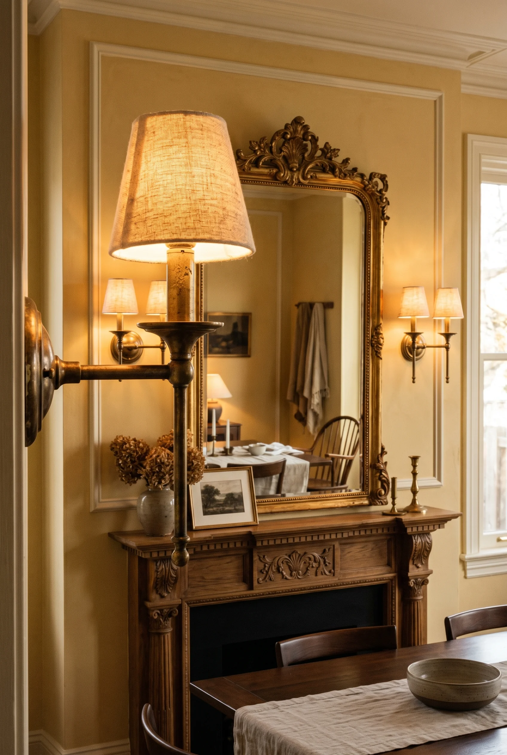 Victorian Dining Room featuring wall sconce against F&B No. 223 Babouche, colour-drenched warm butter yellow walls