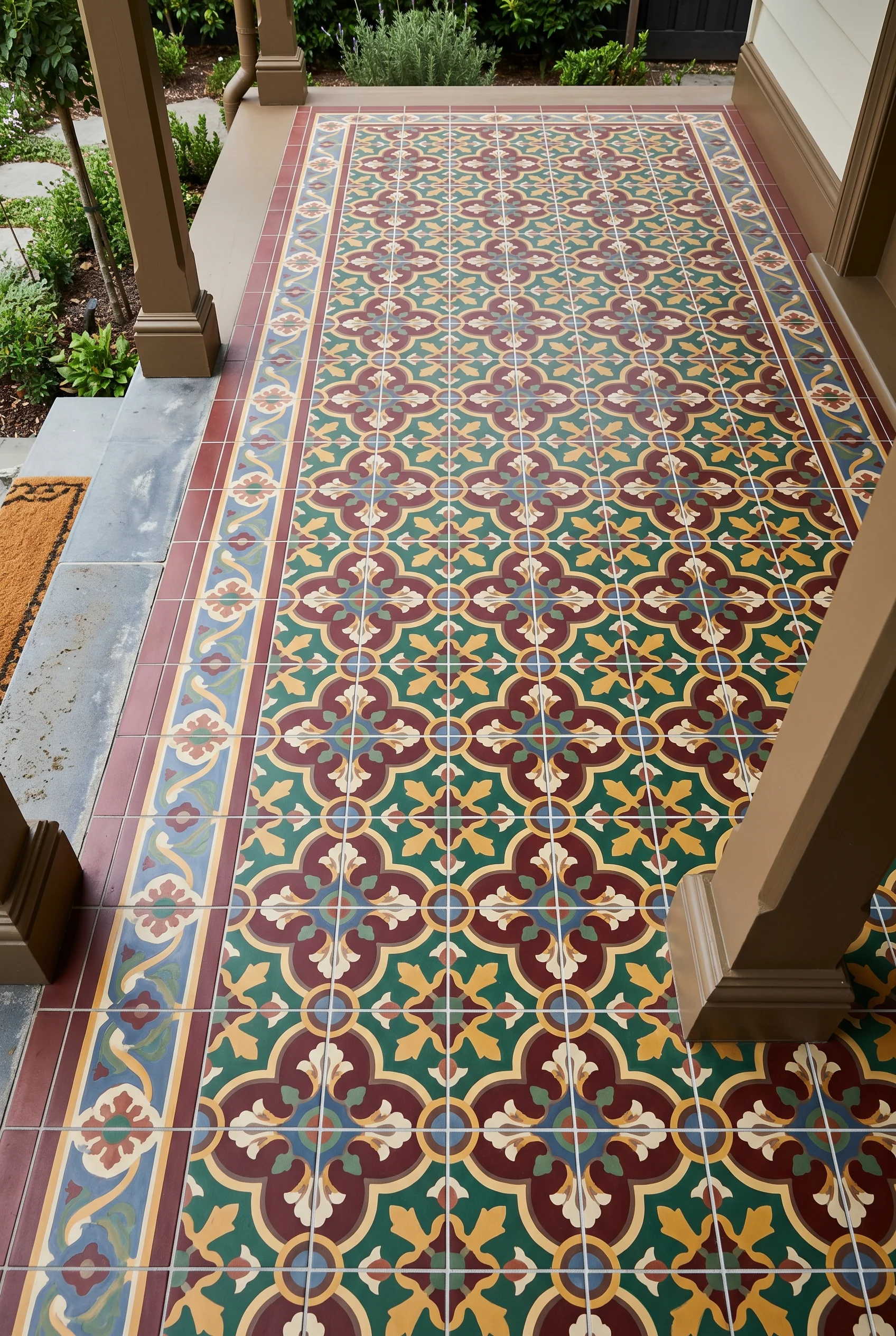 Victorian Exterior design scene against Broccoli Brown warm brown painted porch base trim and riser boards framing the tile field walls