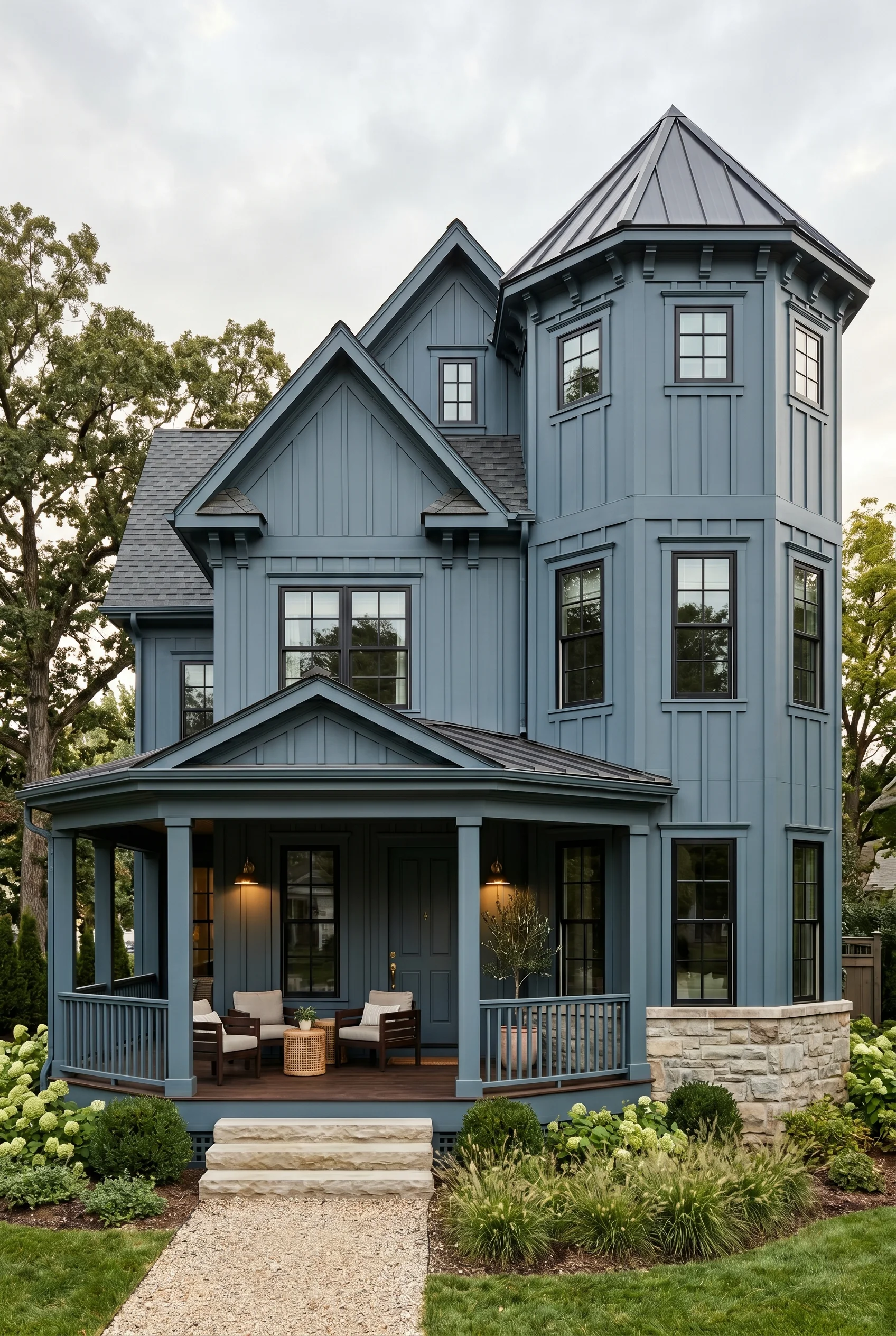 Victorian Exterior design scene against De Nimes blue-grey painted board-and-batten siding covering the entire facade body and trim uniformly walls