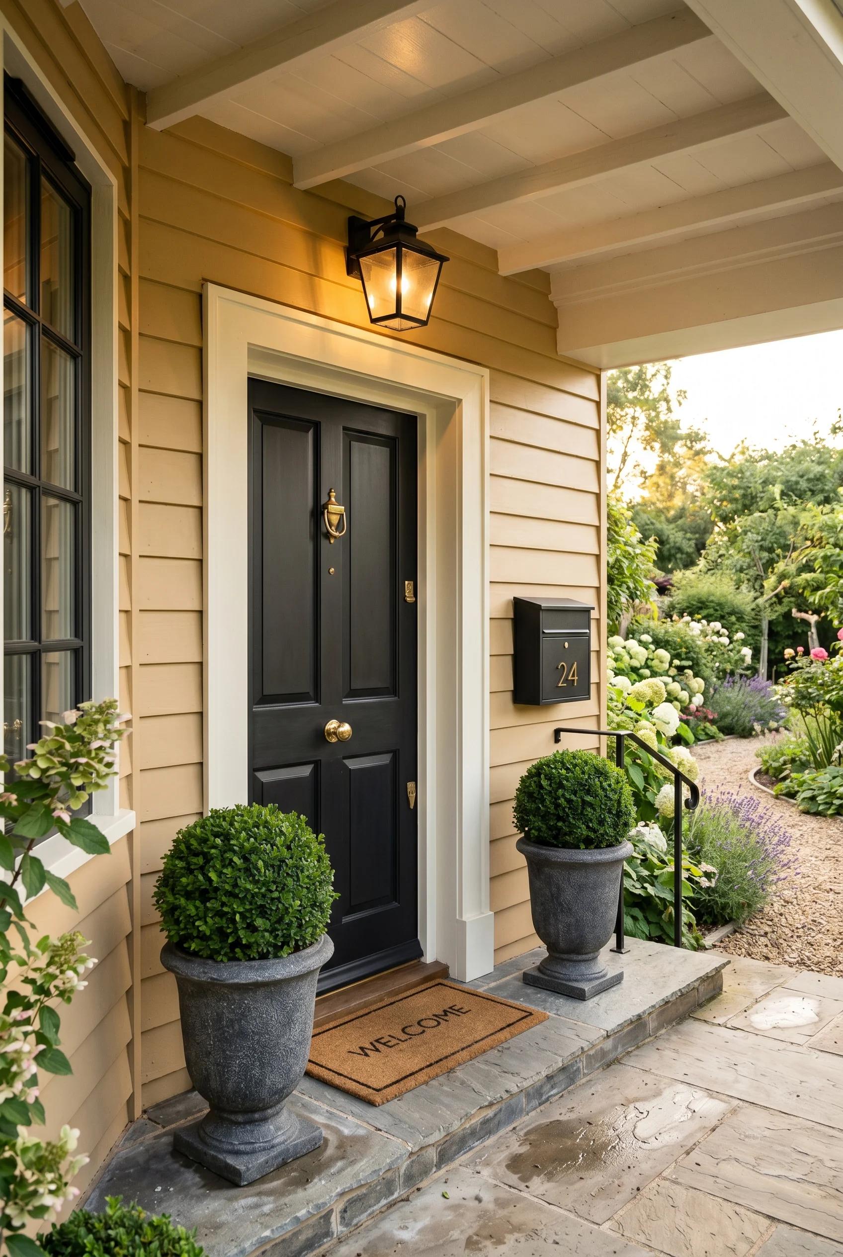Victorian Exterior design scene against Hay warm sandy-gold painted clapboard siding flanking the Pitch Black door walls