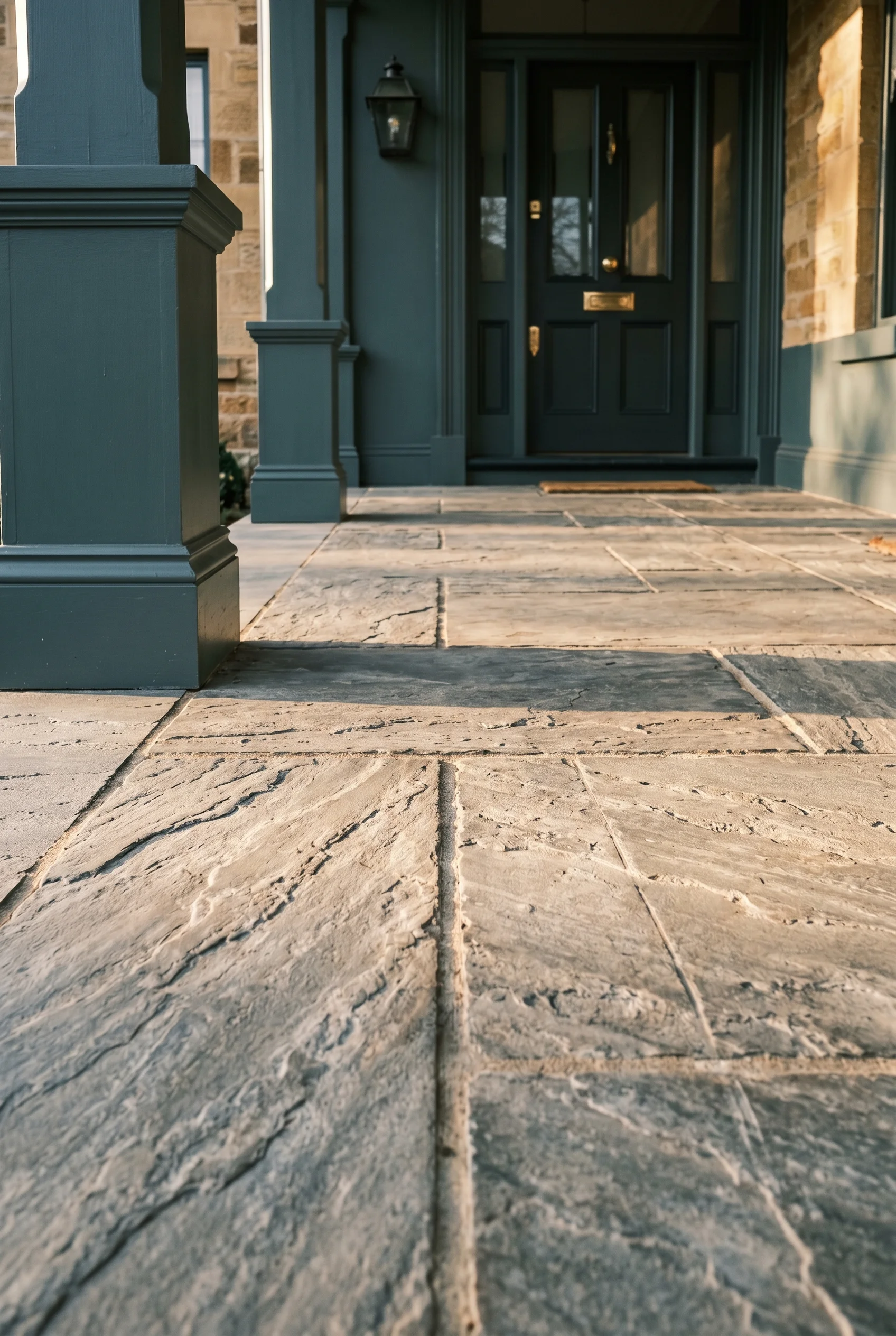 Victorian Exterior design scene against Inchyra Blue dark teal-grey painted porch base trim and column bases framing the bluestone floor walls
