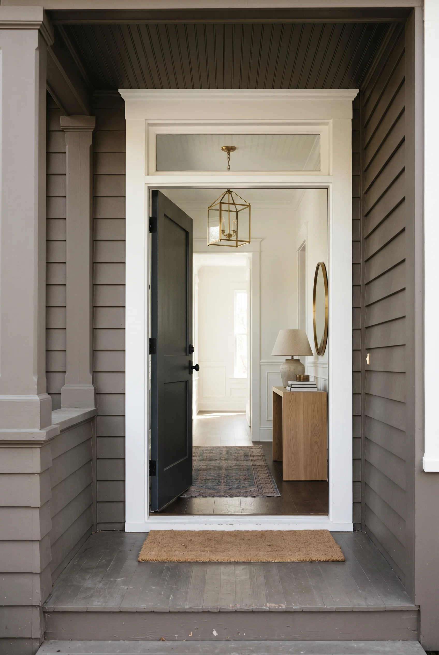 Victorian Exterior design scene against Mole's Breath warm grey-brown clapboard and porch ceiling on the exterior, white painted interior visible thro