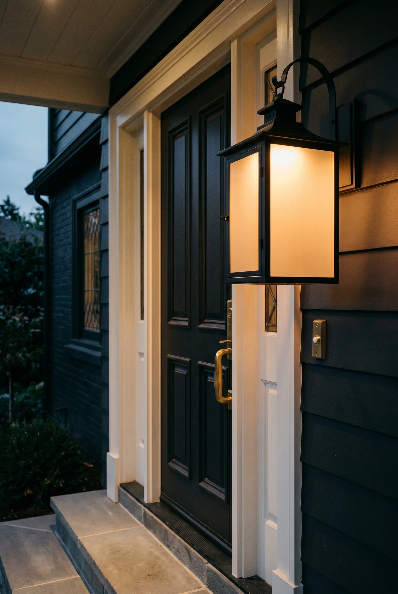 Victorian Exterior design scene against Off-Black painted front door as the backdrop behind the matte-black lantern walls