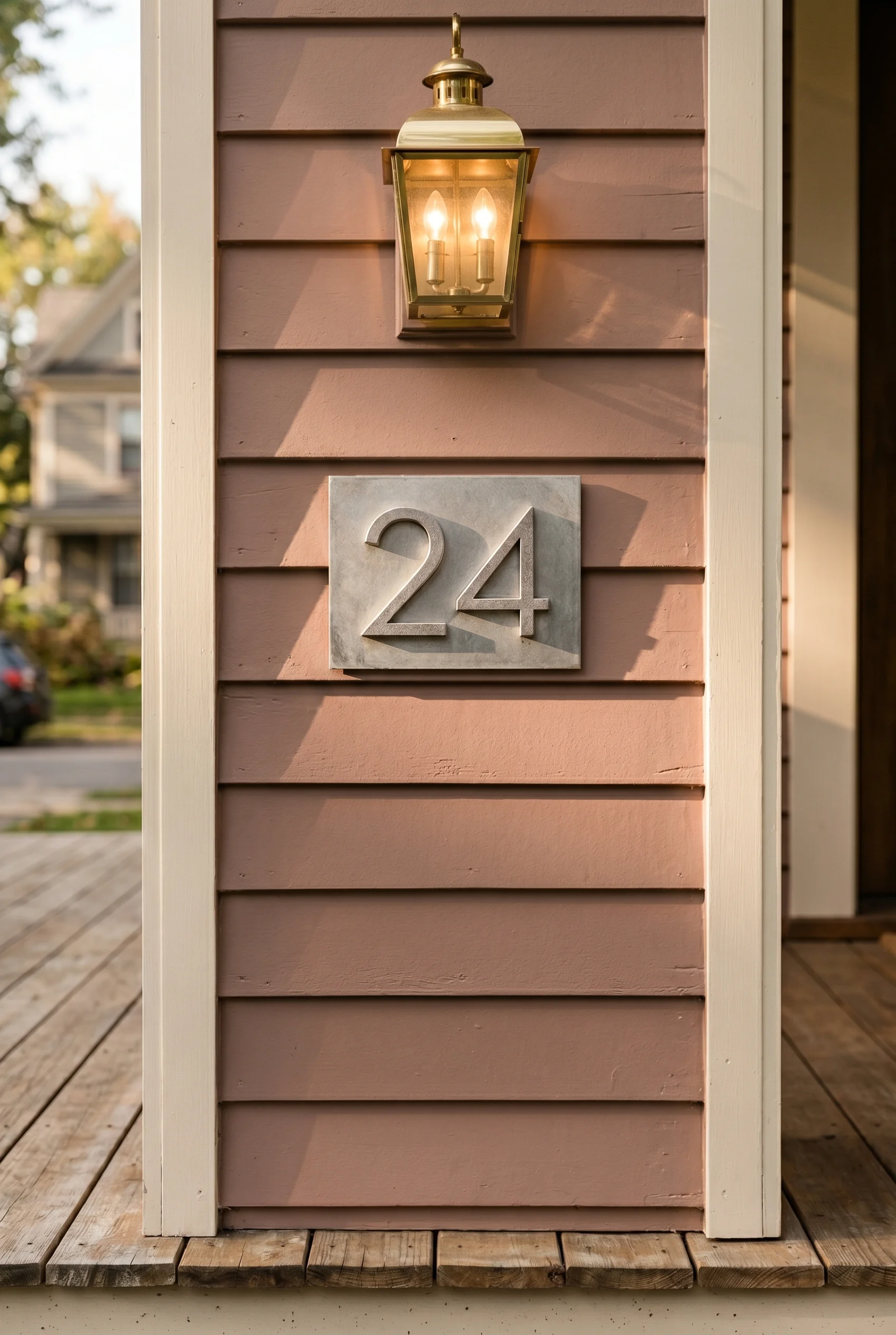 Victorian Exterior design scene against Sulking Room Pink muted rose-brown clapboard as the backdrop behind the aluminium house number walls