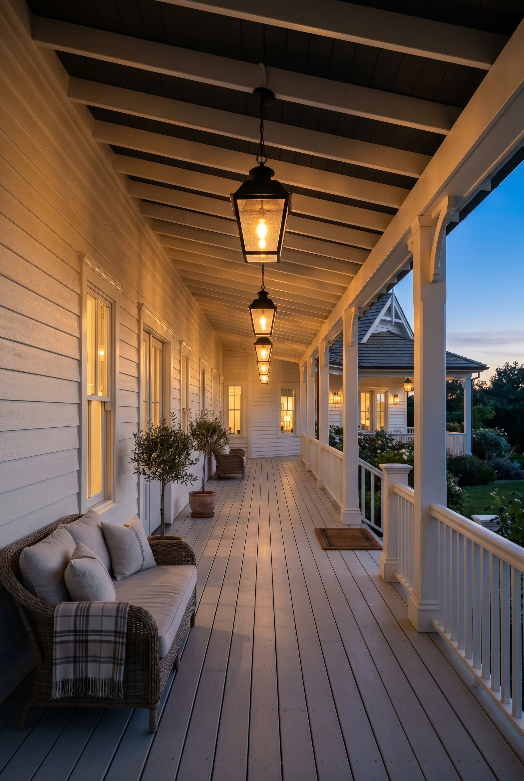 Victorian Exterior design scene against Wimborne White warm off-white clapboard siding as the rear porch wall walls