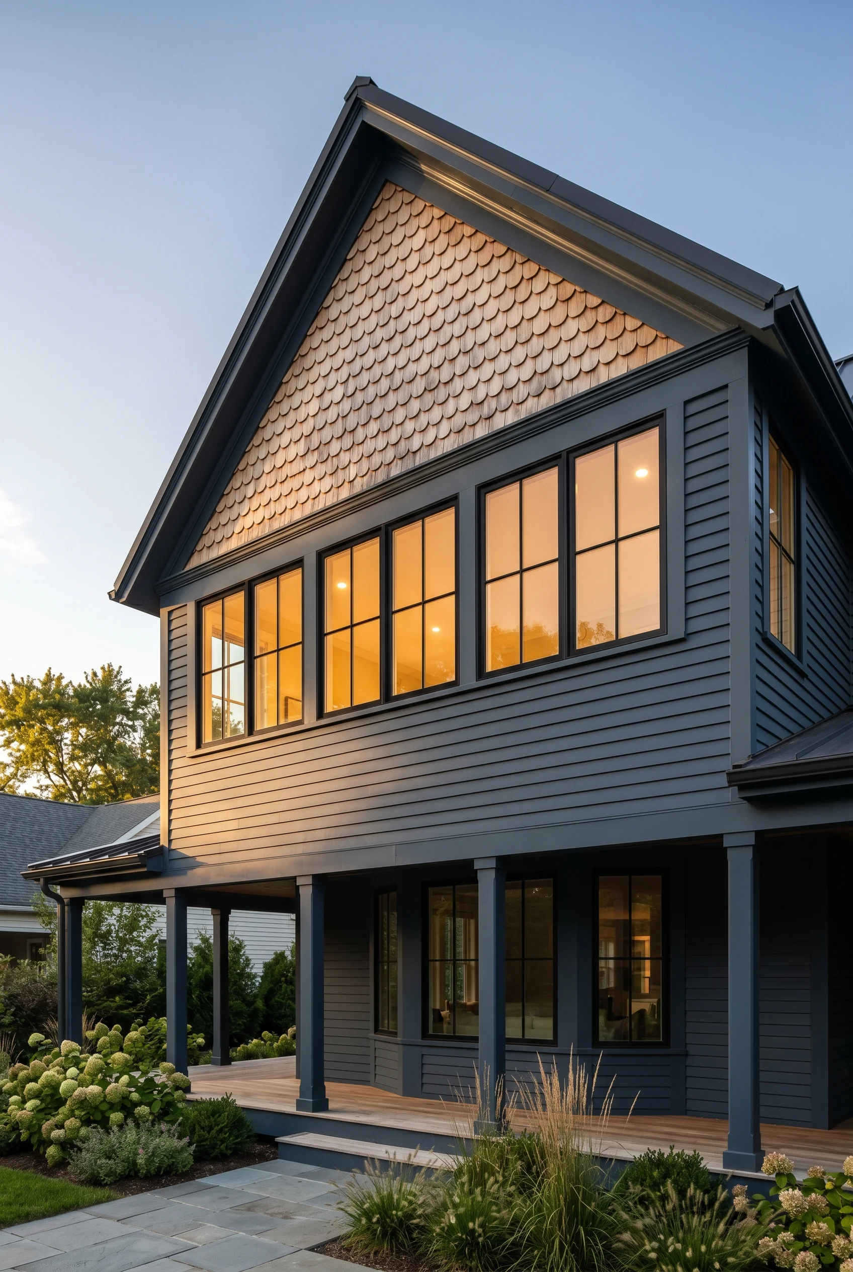 Victorian Exterior featuring no curtains against Stiffkey Blue dark navy-grey painted clapboard siding on the gable wall below the window run walls