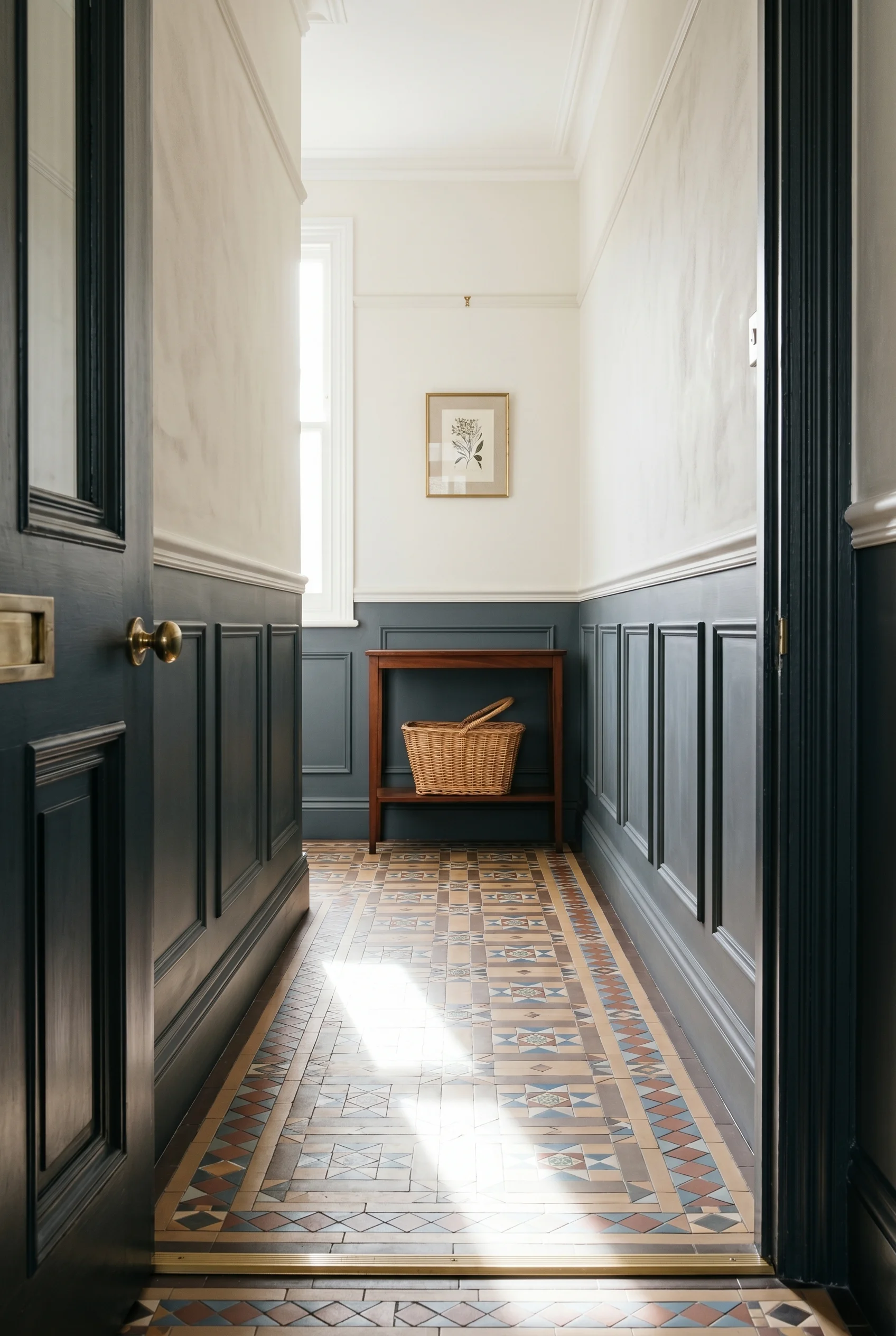 Victorian Hallway design scene against Bone above dado rail as principal surface, calm limewash drag texture walls