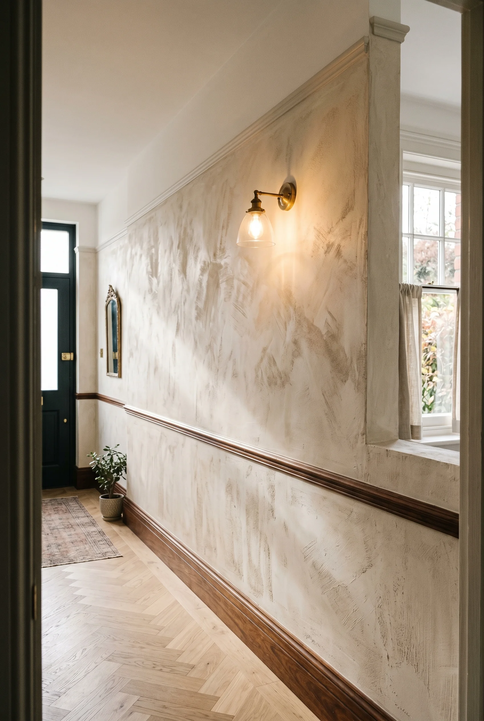 Victorian Hallway design scene against Bone on full upper wall above dado rail with visible limewash drag finish walls