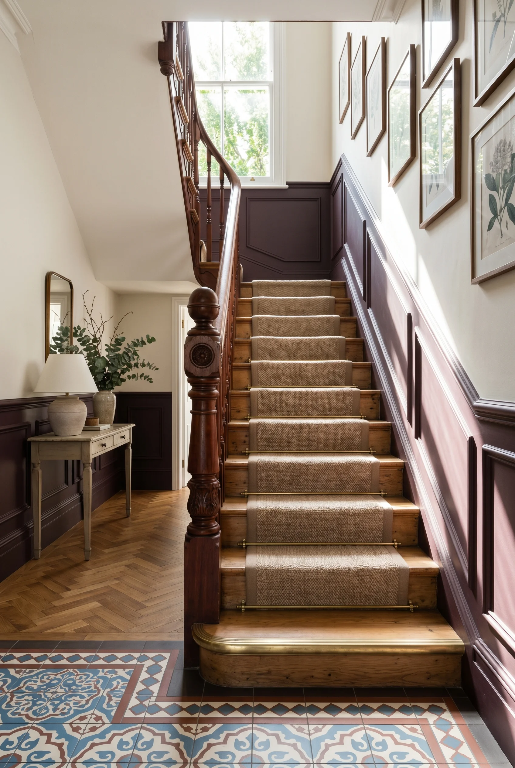 Victorian Hallway design scene against Brinjal on the wainscot panel behind newel post; Bone above dado on staircase wall walls