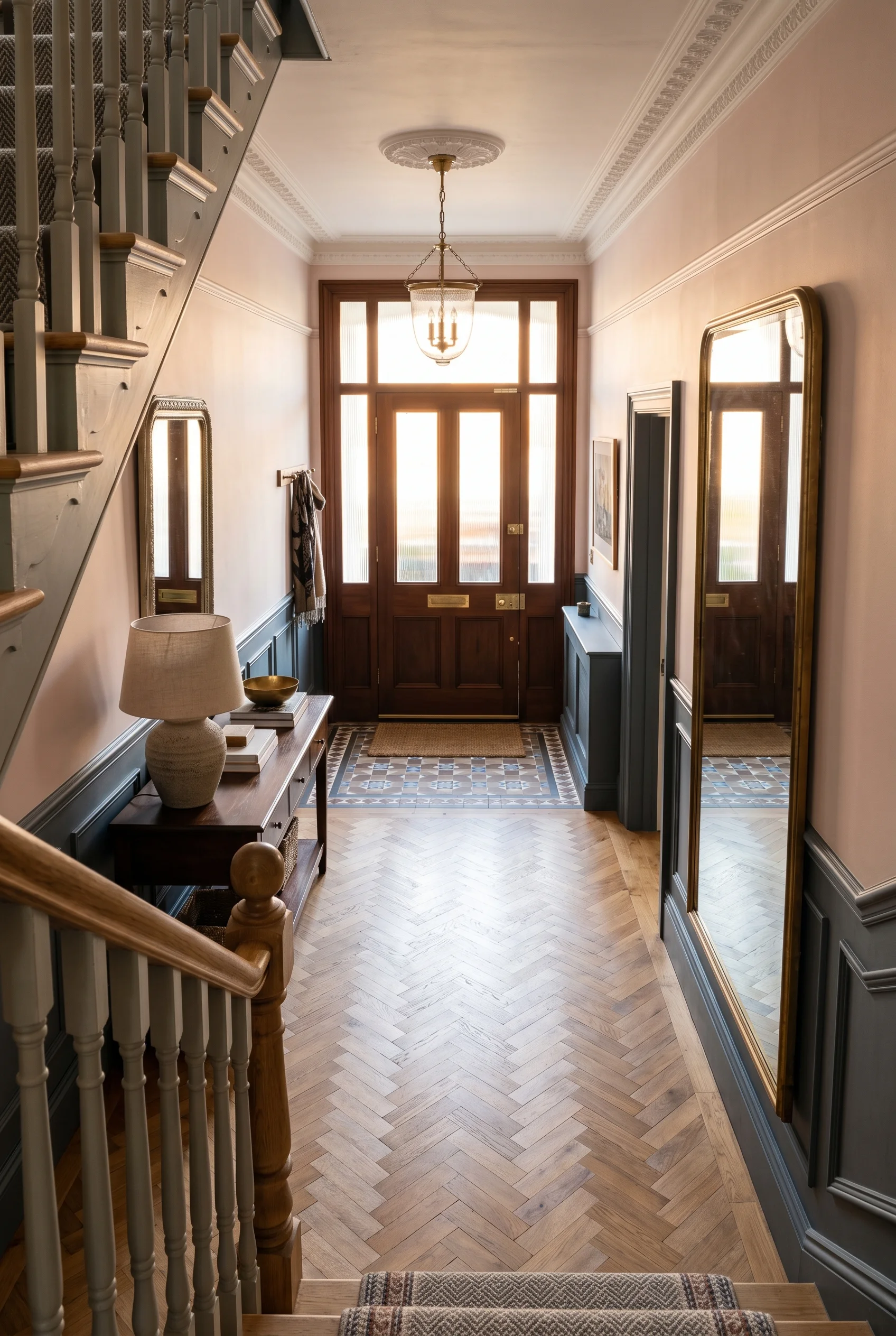 Victorian Hallway design scene against Calamine above dado rail; oiled mahogany dado in Down Pipe below walls