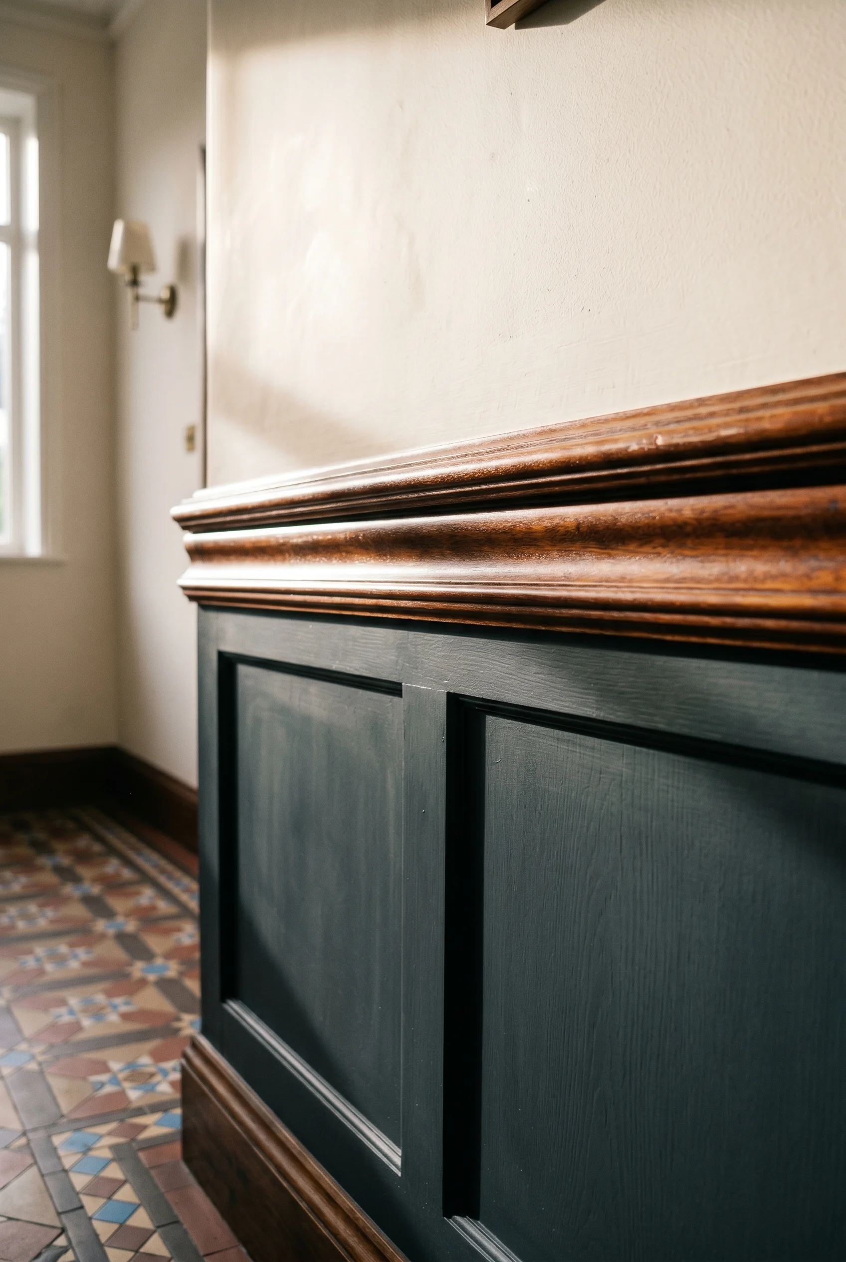 Victorian Hallway design scene against Down Pipe on wainscot panel behind rail; Bone above walls