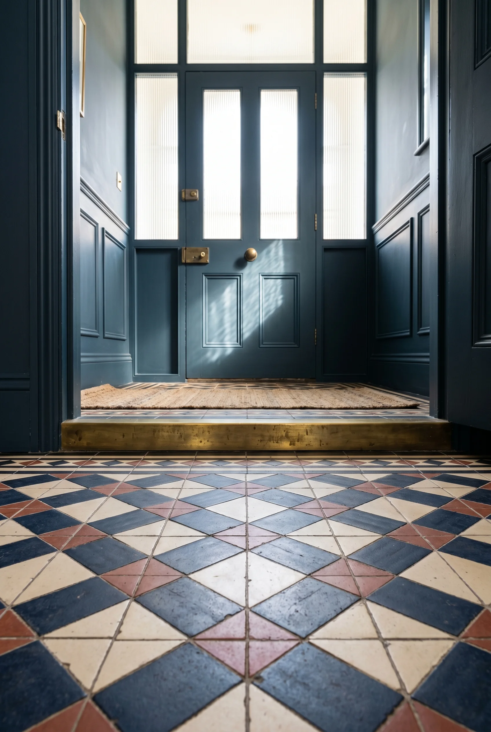 Victorian Hallway design scene against Hague Blue on front door face visible at top of frame; wainscot in Down Pipe walls