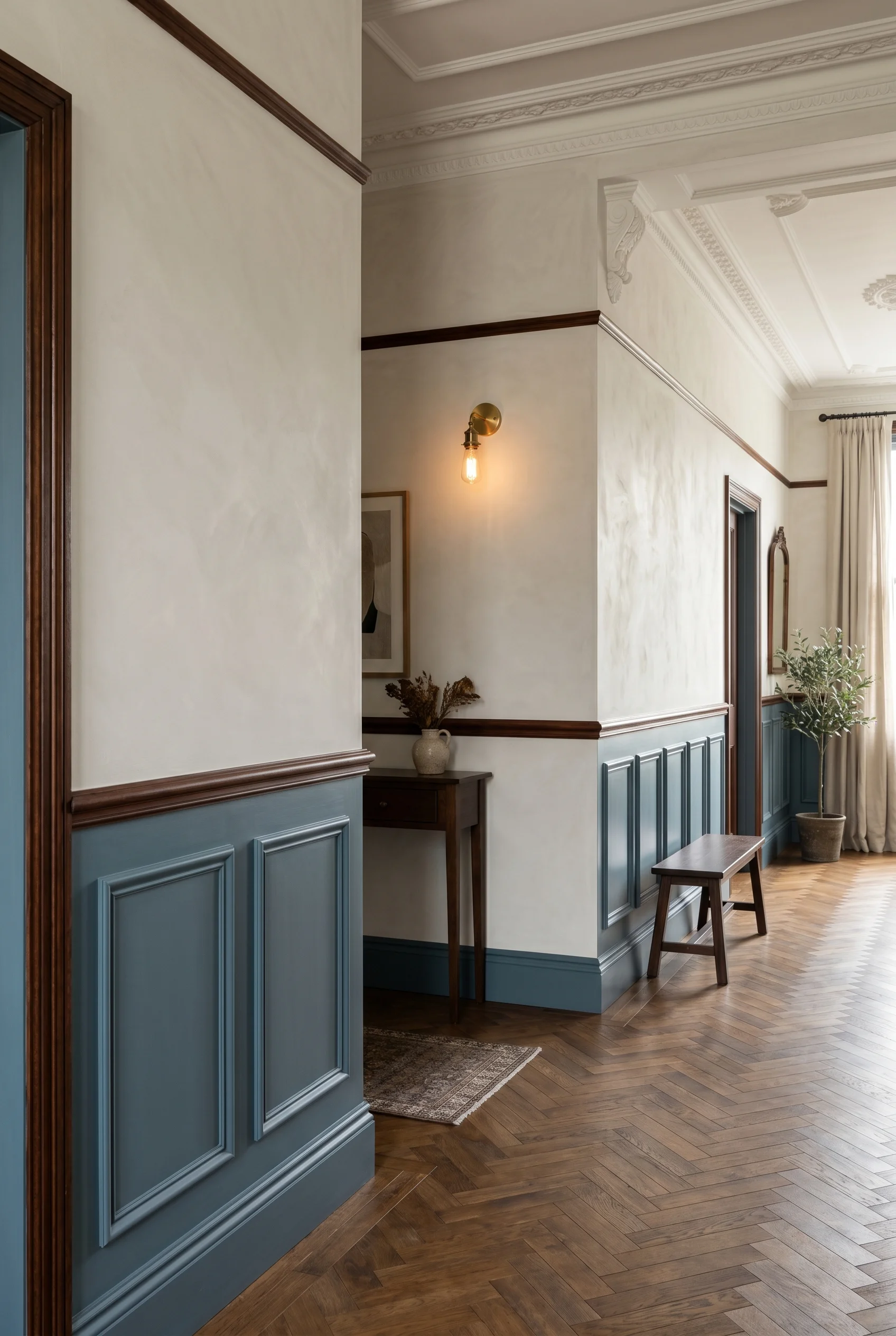 Victorian Hallway design scene against Inchyra Blue on wainscot panels; Bone above on limewash walls