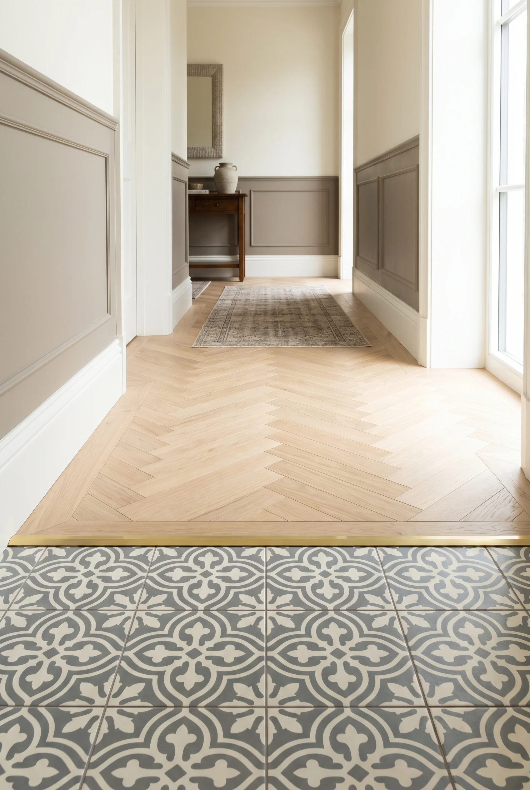 Victorian Hallway design scene against London Stone on wainscot below dado; Bone above walls