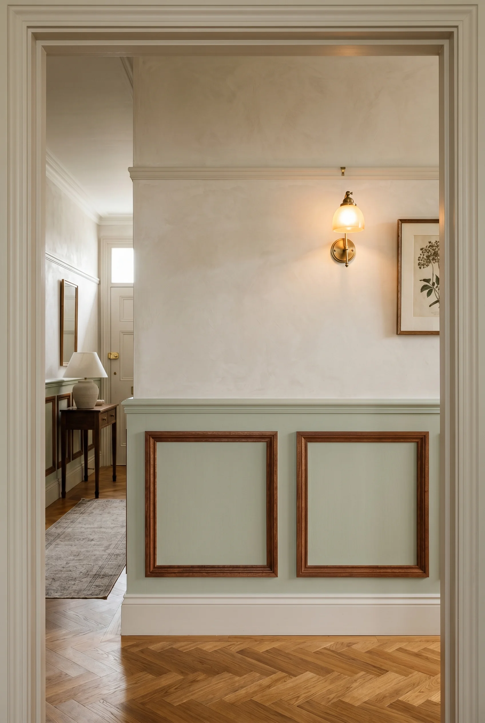 Victorian Hallway design scene against Mizzle on wainscot panels below dado; Skimming Stone above walls