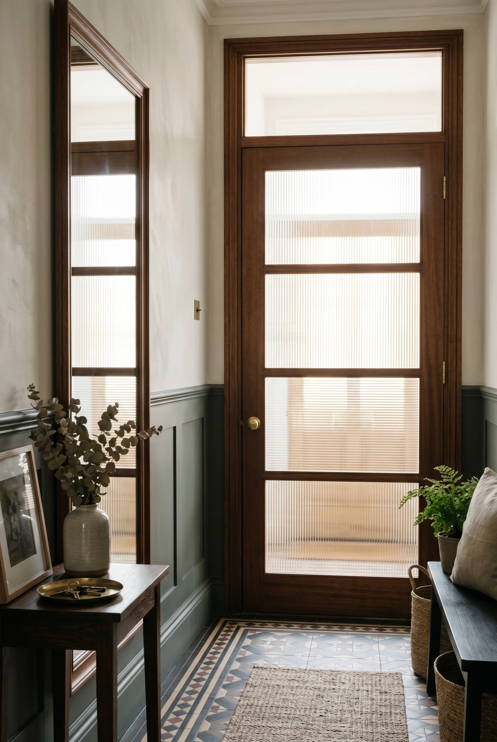 Victorian Hallway design scene against Mole's Breath on wainscot below dado; Bone on limewash above walls