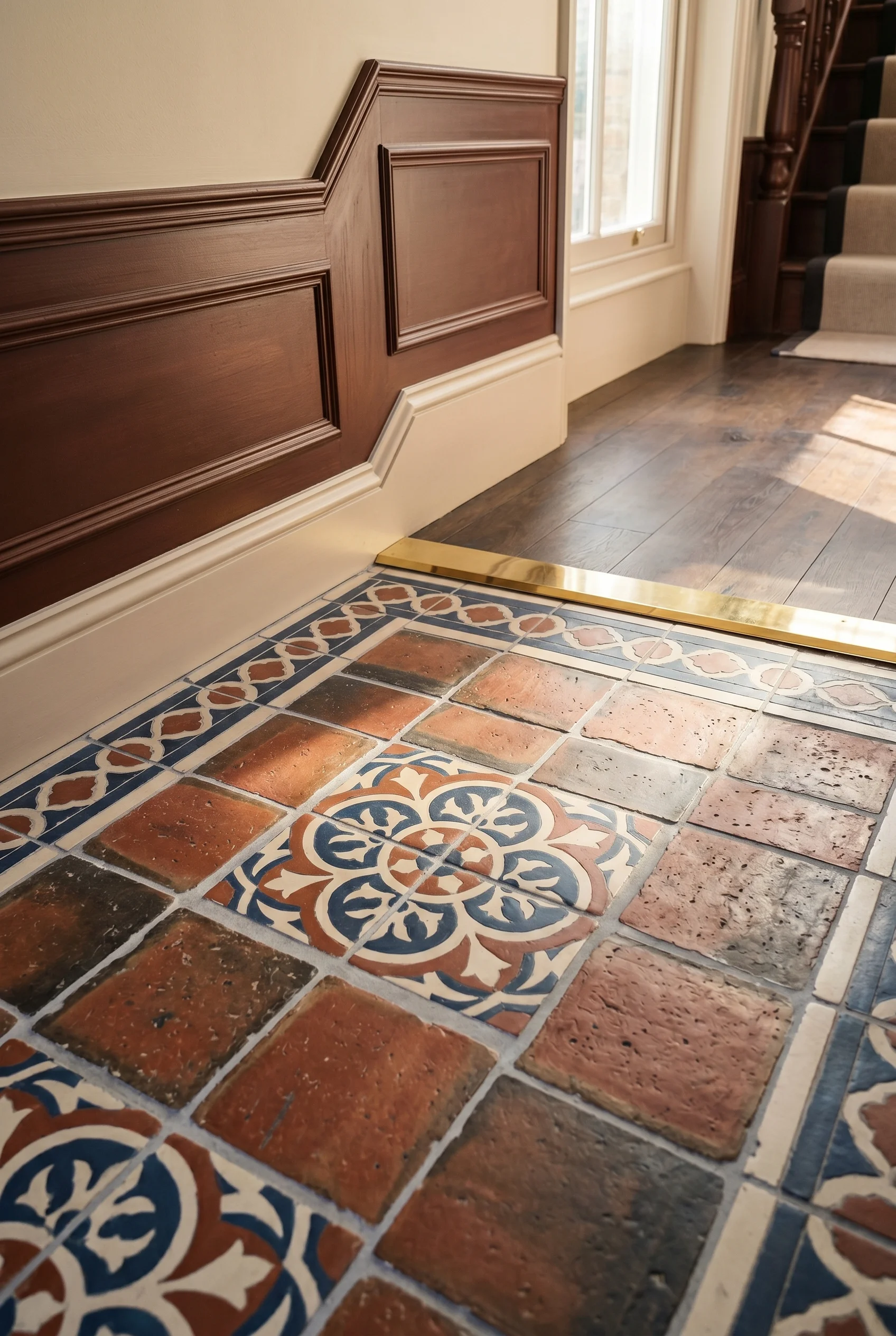 Victorian Hallway design scene with minimal wall finish, wainscot in Mahogany paint; Skimming Stone above dado walls
