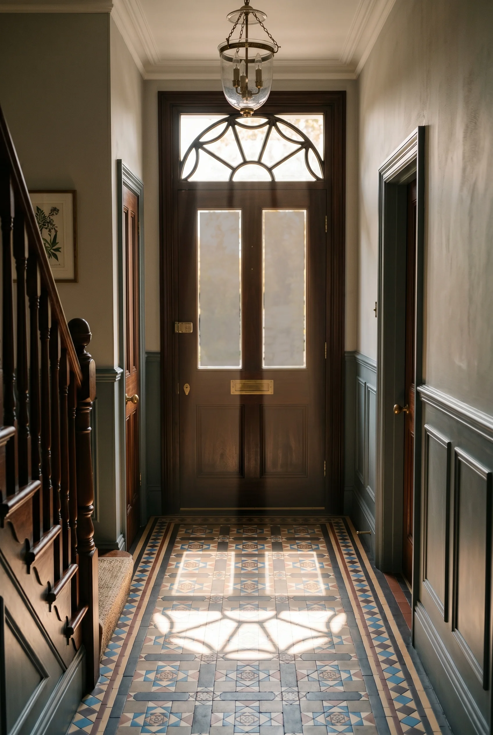 Victorian Hallway design scene against Parma Gray above dado rail; Down Pipe on wainscot walls