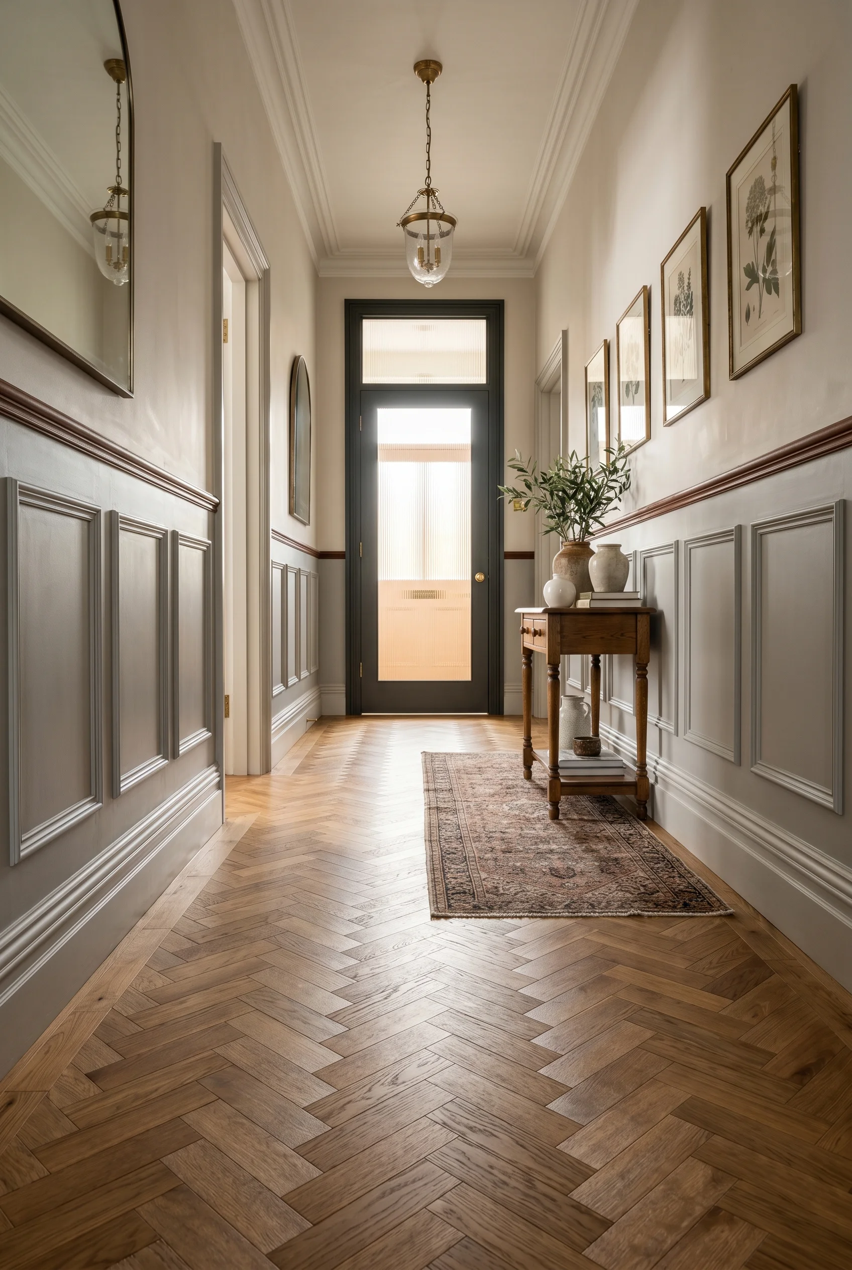 Victorian Hallway design scene against Pavilion Gray on wainscot panels; Bone on plaster above dado walls