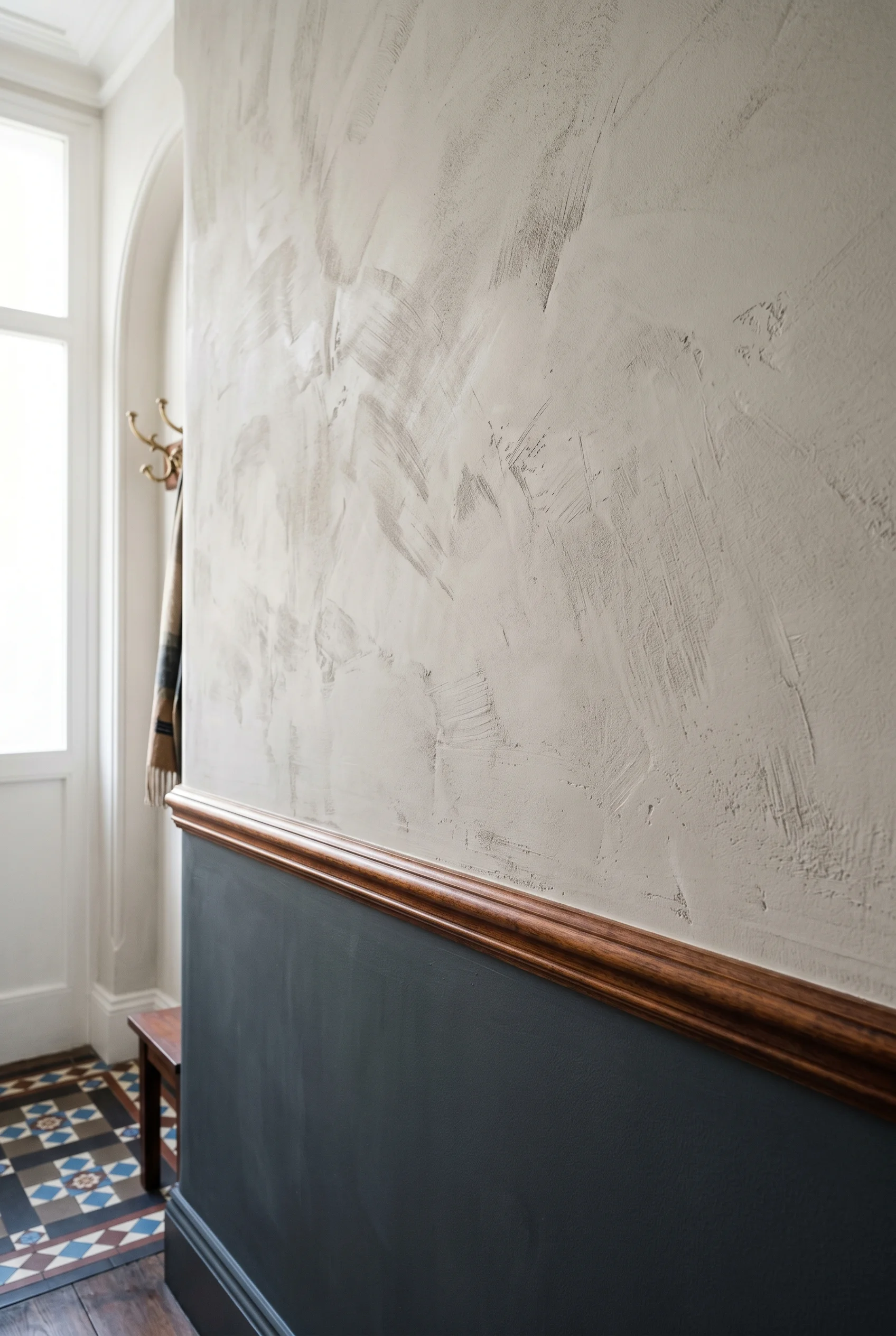 Victorian Hallway design scene against Skimming Stone on dragged plaster above dado; Down Pipe wainscot visible at base walls