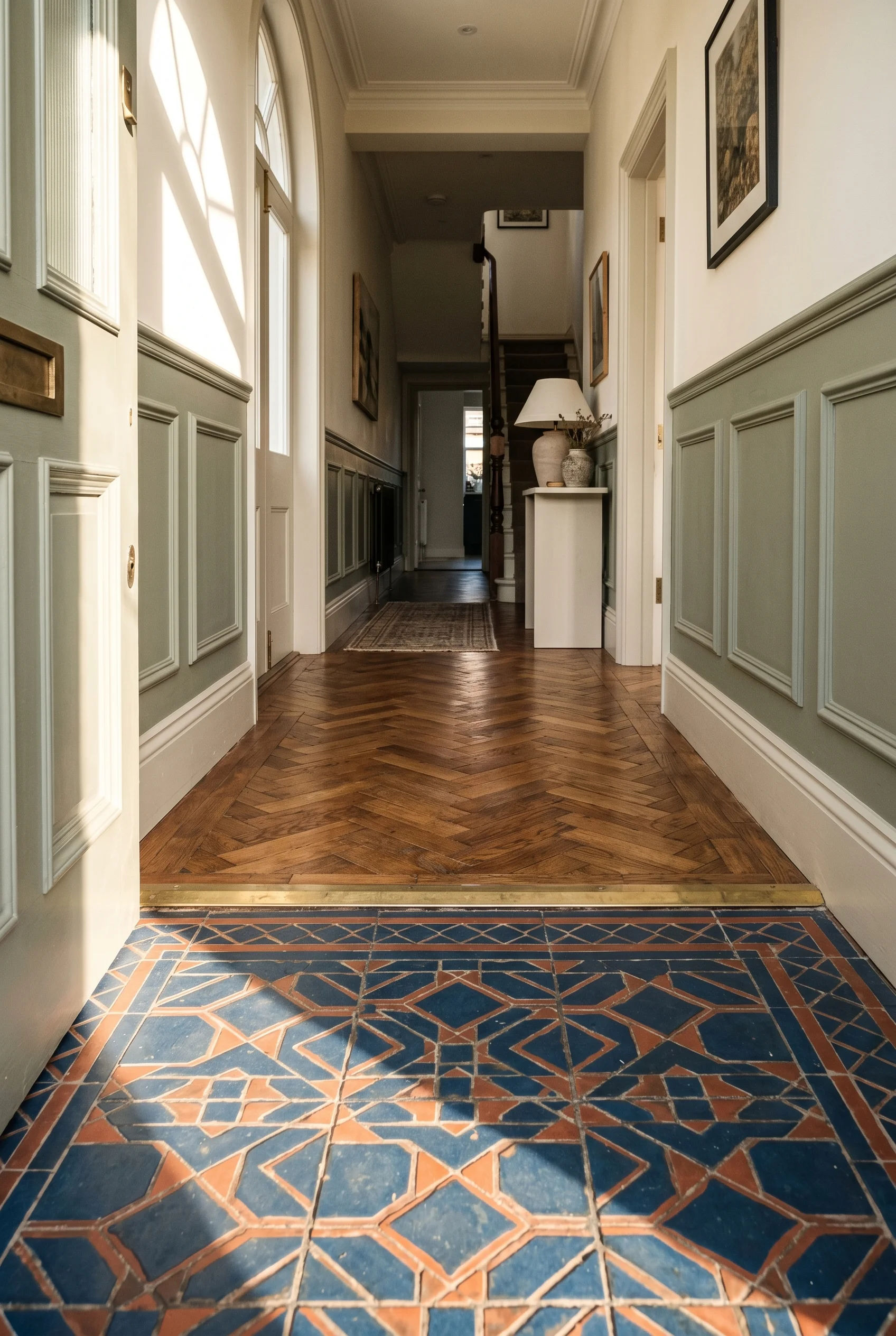 Victorian Hallway design scene against Treron on wainscot below dado; warm Bone above walls