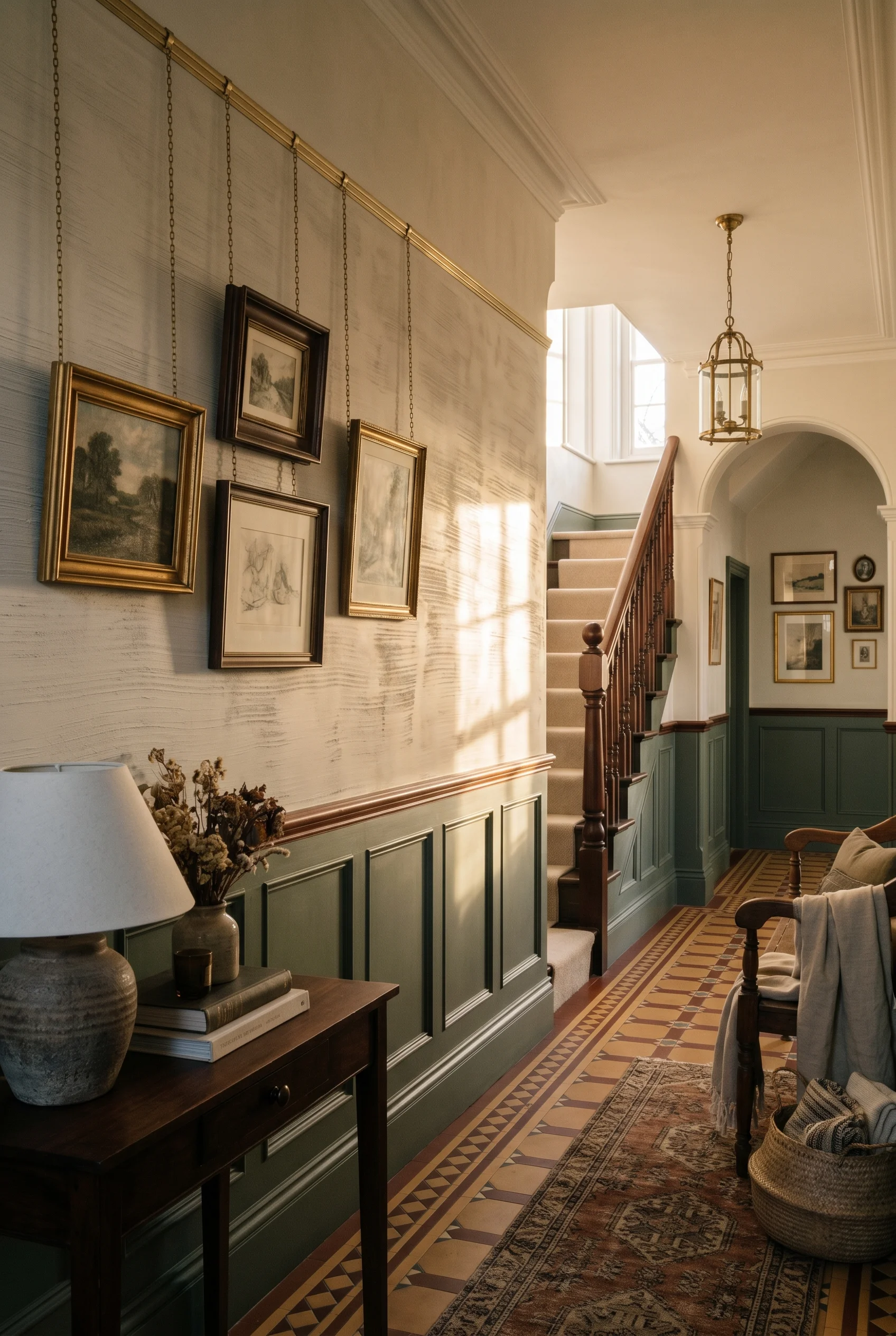 Victorian Hallway design scene against Treron on wainscot panels below dado rail; Pointing above walls