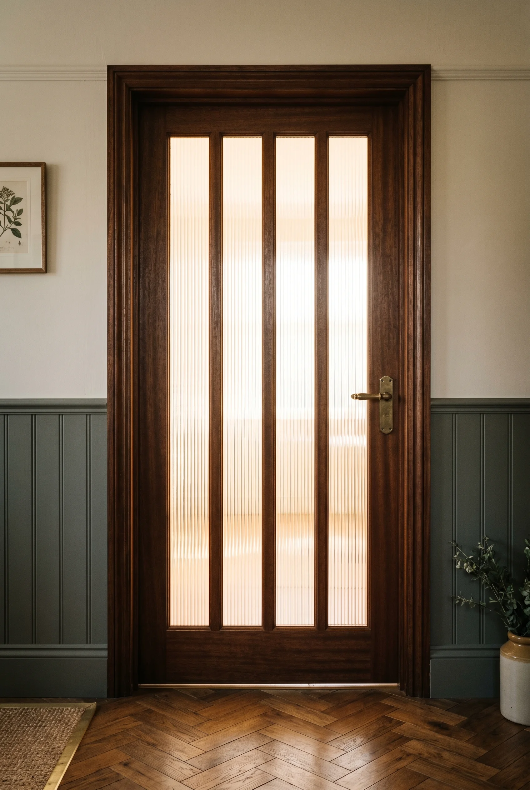 Victorian Hallway design scene against Treron on wainscot visible either side of door; Bone above walls