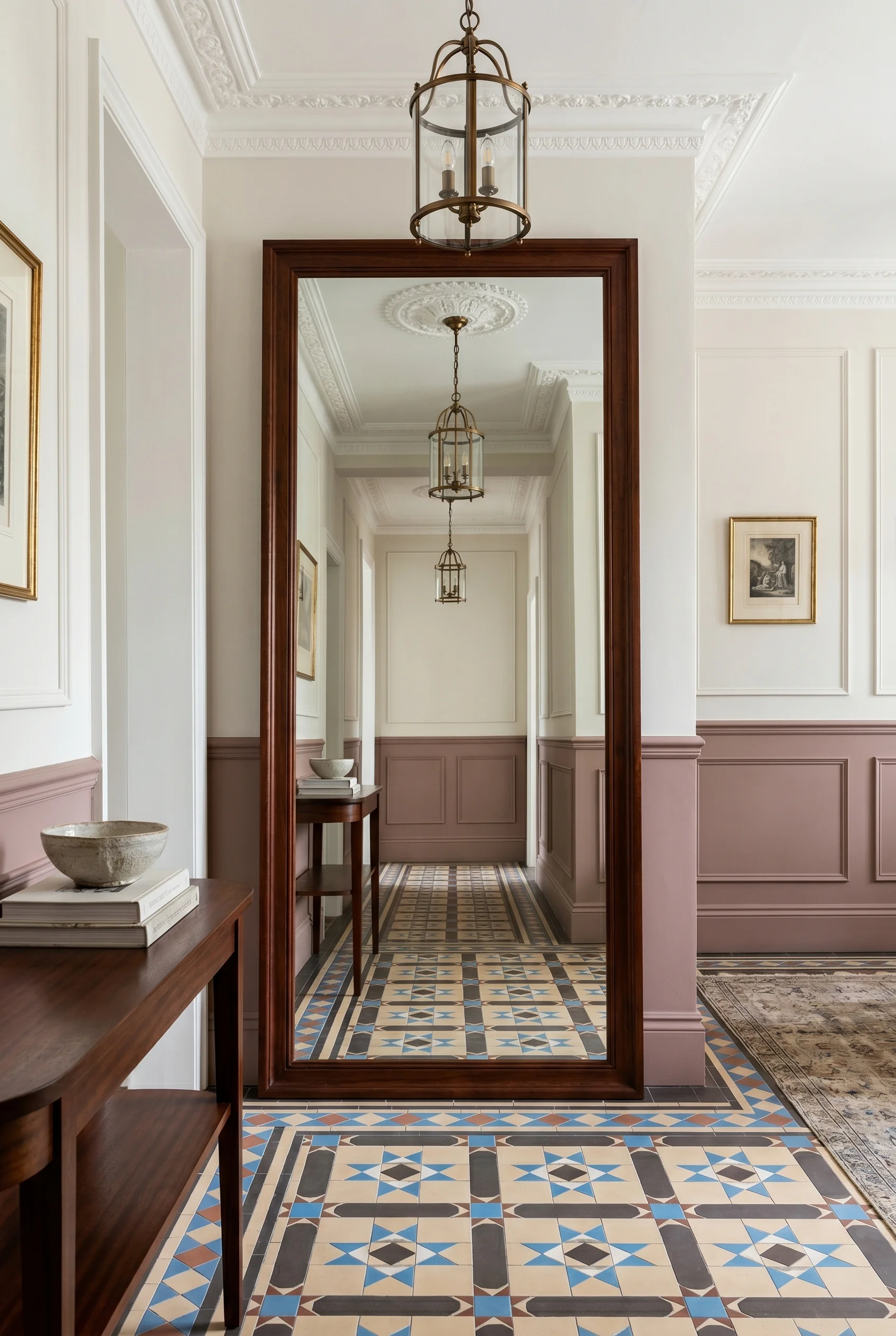Victorian Hallway featuring and pendant against Cinder Rose on the wainscot below dado; Bone above walls