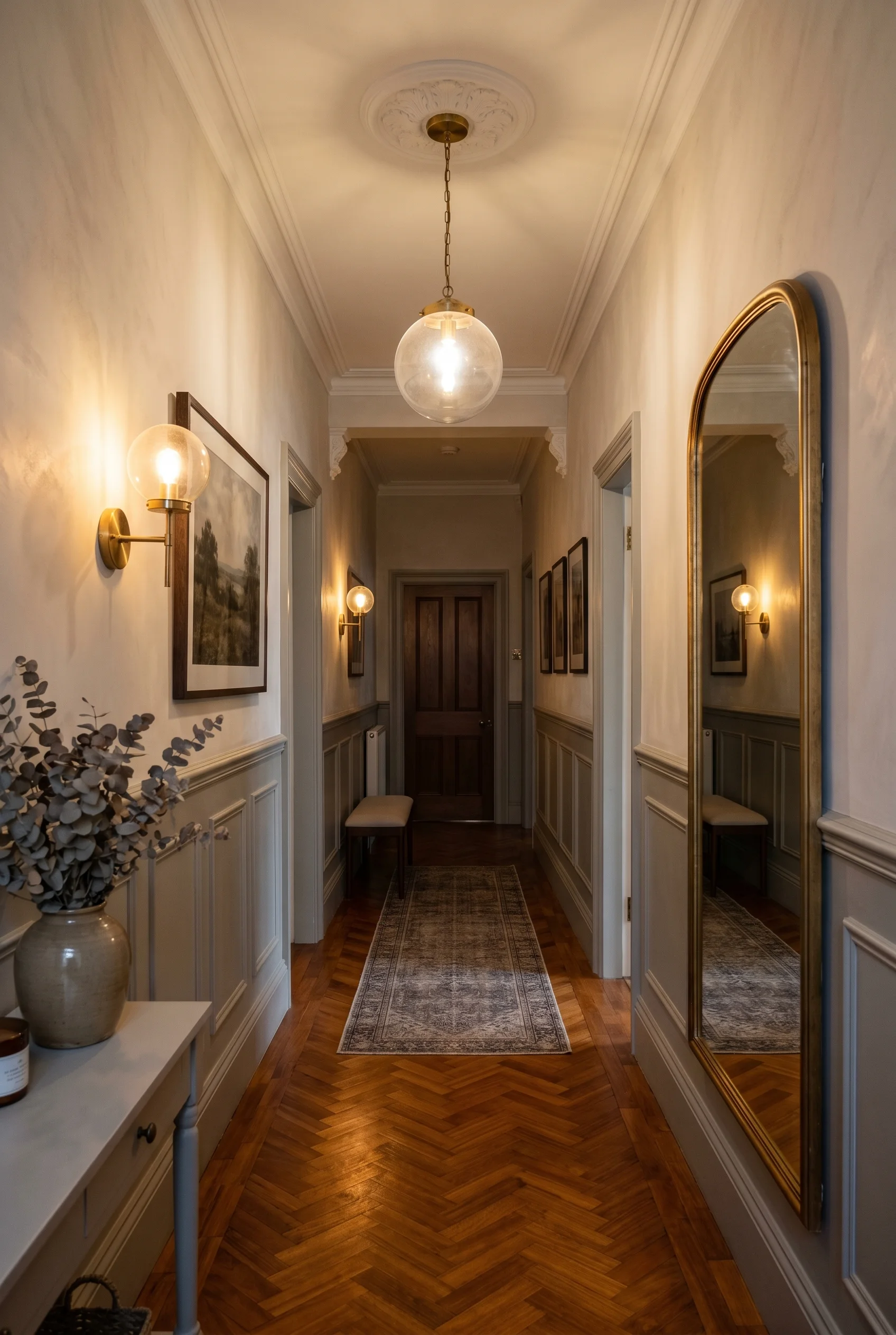 Victorian Hallway featuring and sconce against Lamp Room Gray on wainscot panels; Bone above dado on limewash walls