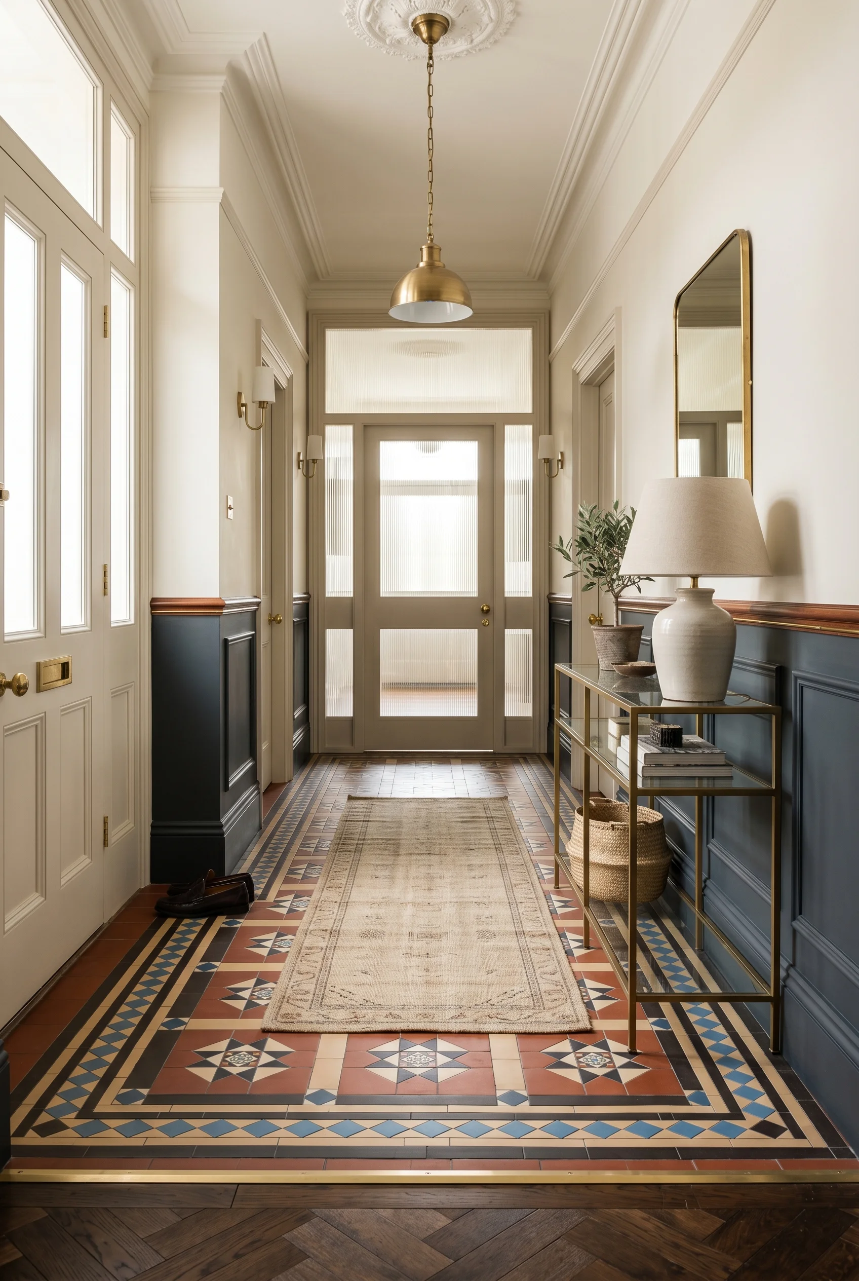 Victorian Hallway featuring brass console against Down Pipe on wainscot below dado, Bone on plaster above rail walls