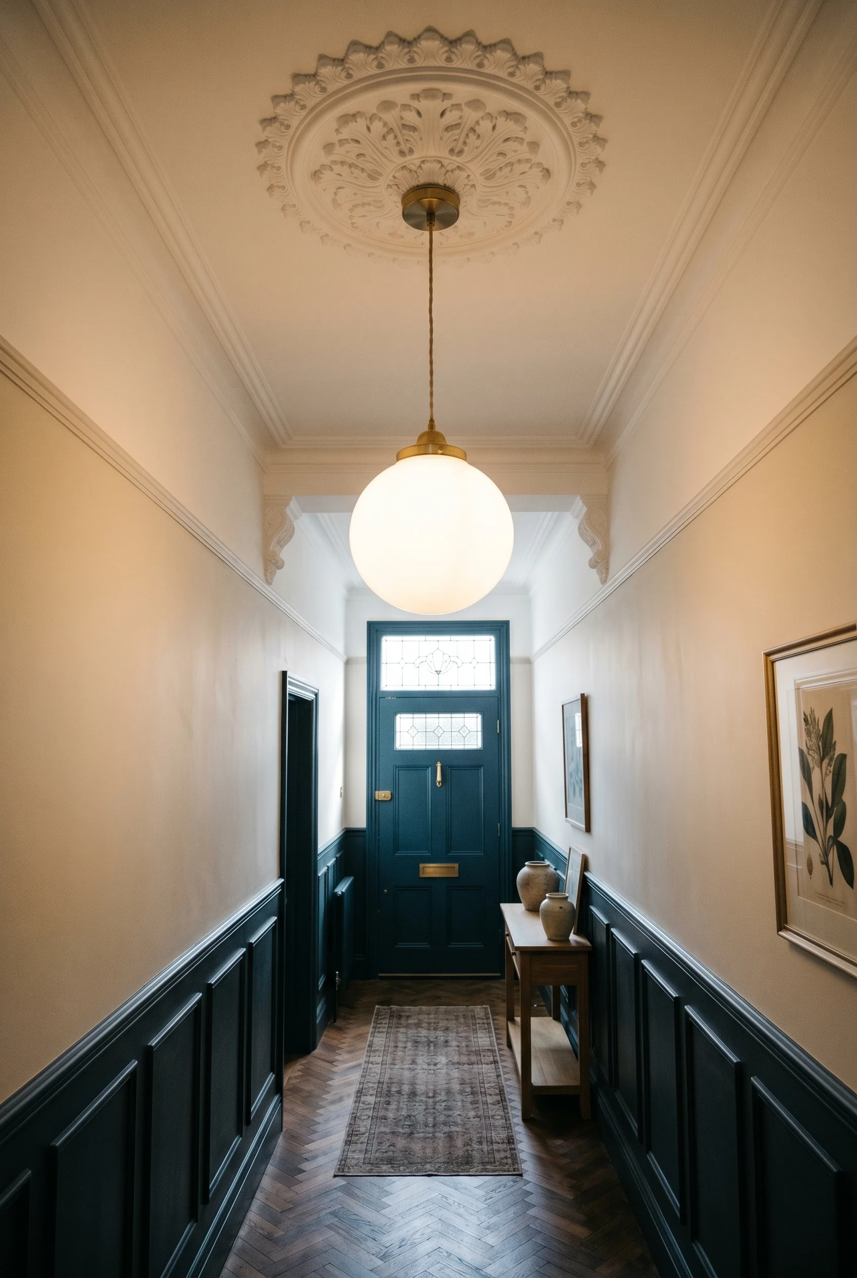 Victorian Hallway featuring ceiling pendant against Bone above dado; Down Pipe below; Hague Blue on far internal door face walls