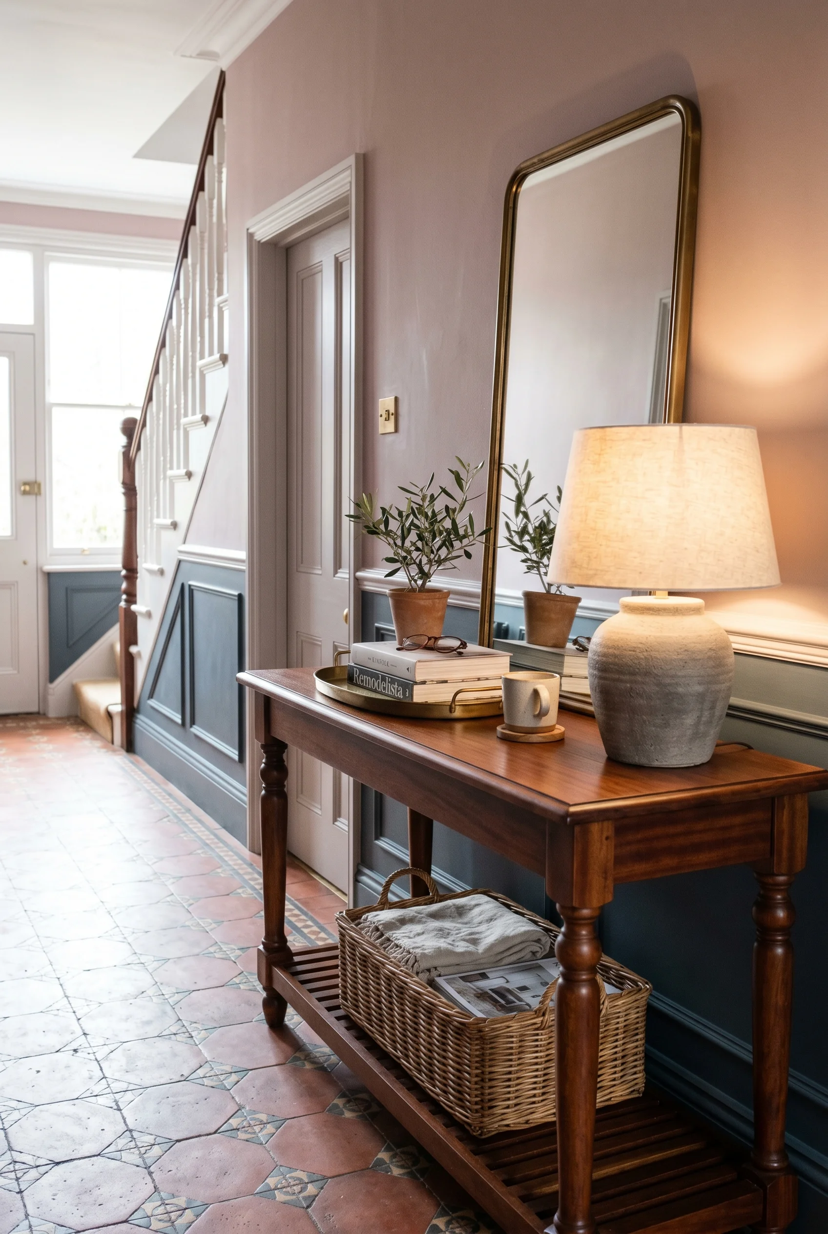 Victorian Hallway featuring ceramic lamp with 25cm console against Sulking Room Pink above dado rail; Down Pipe on wainscot below walls