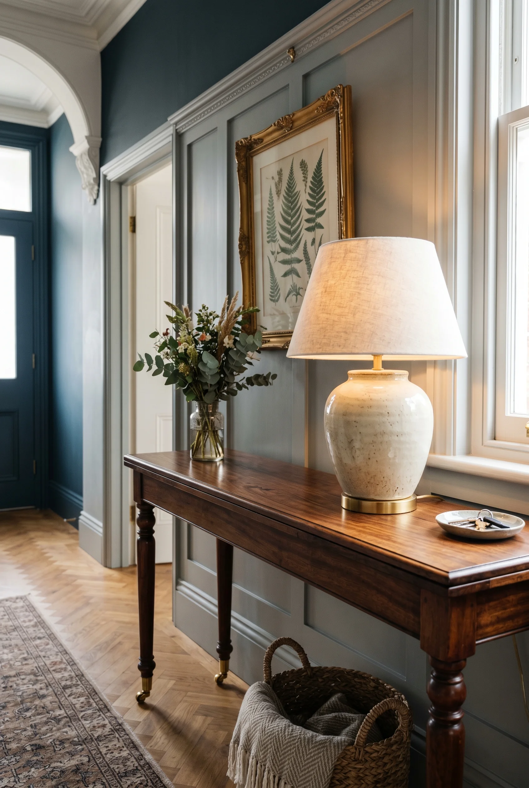 Victorian Hallway featuring ceramic lamp on console against Hague Blue on the inside face of the front door, Down Pipe on wainscot panel behind console