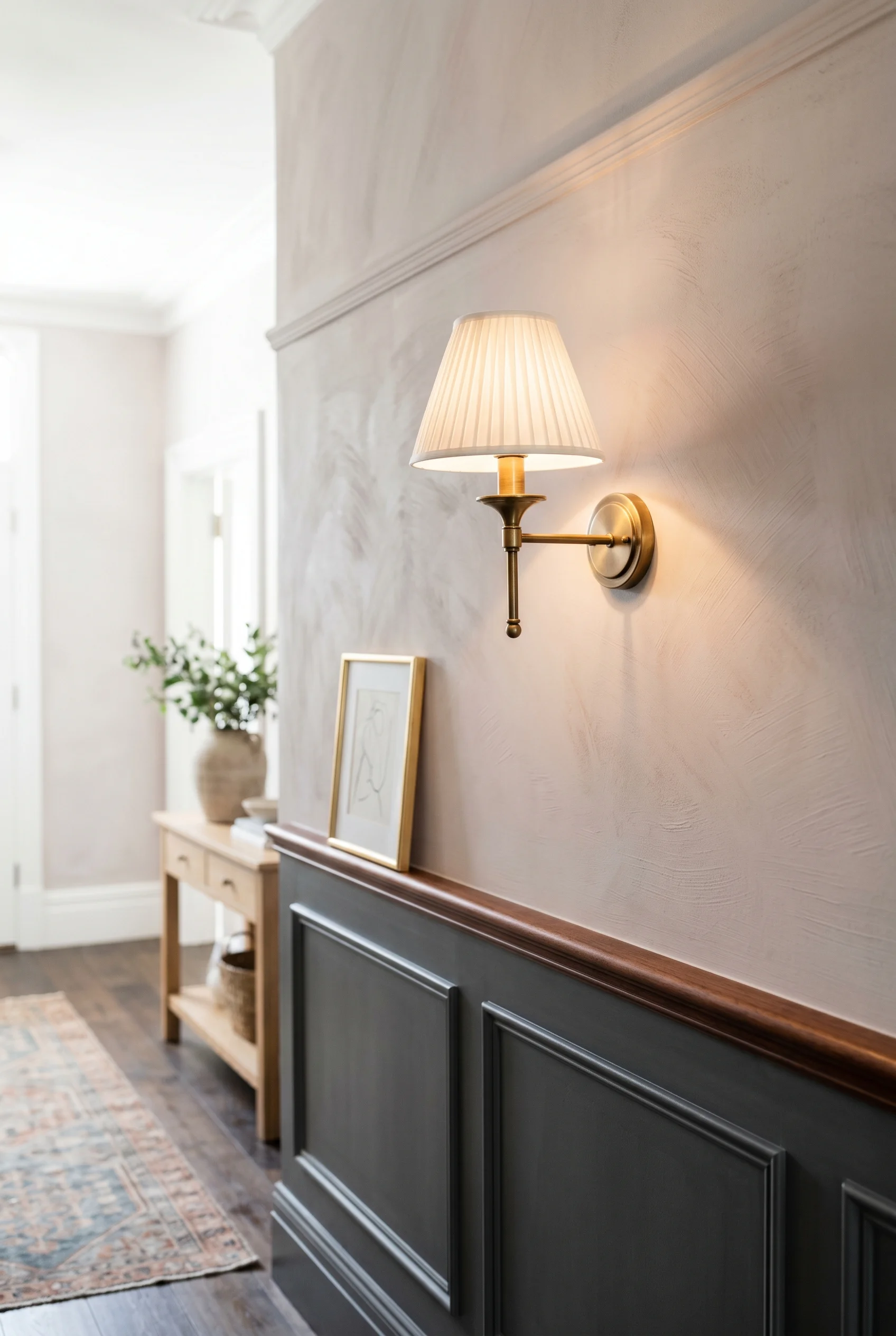 Victorian Hallway featuring wall sconce against Peignoir on limewash plaster above dado; wainscot in Down Pipe walls