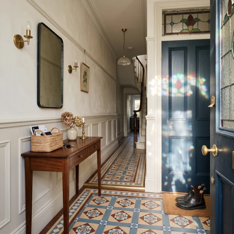 Victorian hallway with encaustic tile floor, Down Pipe wainscot, brass console, Bone limewash above dado