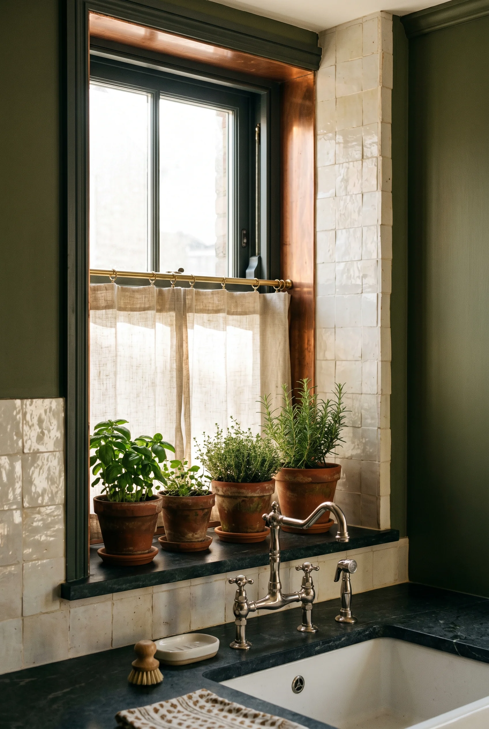 Victorian Kitchen design scene against Calke Green walls