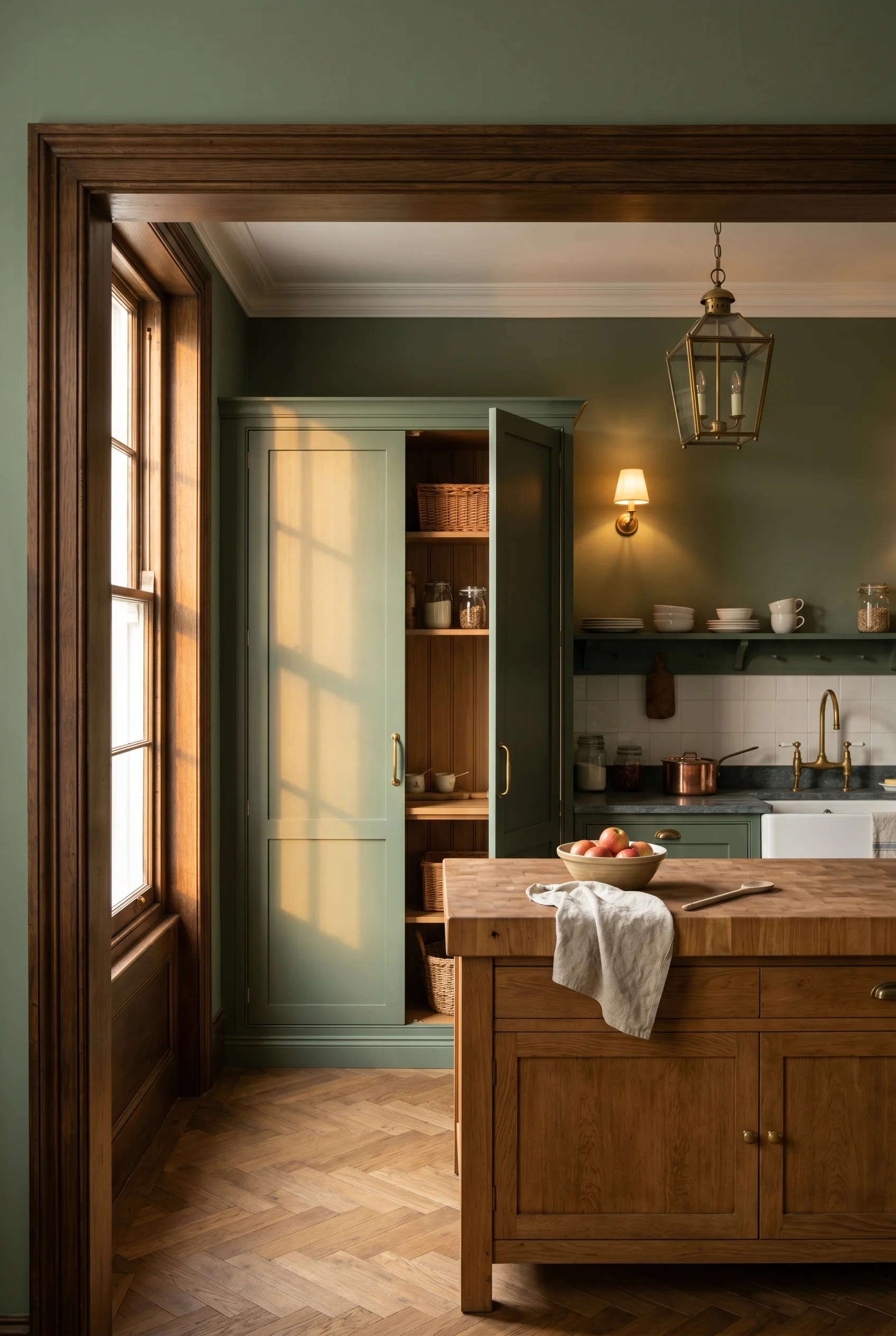 Victorian Kitchen design scene against Card Room Green walls