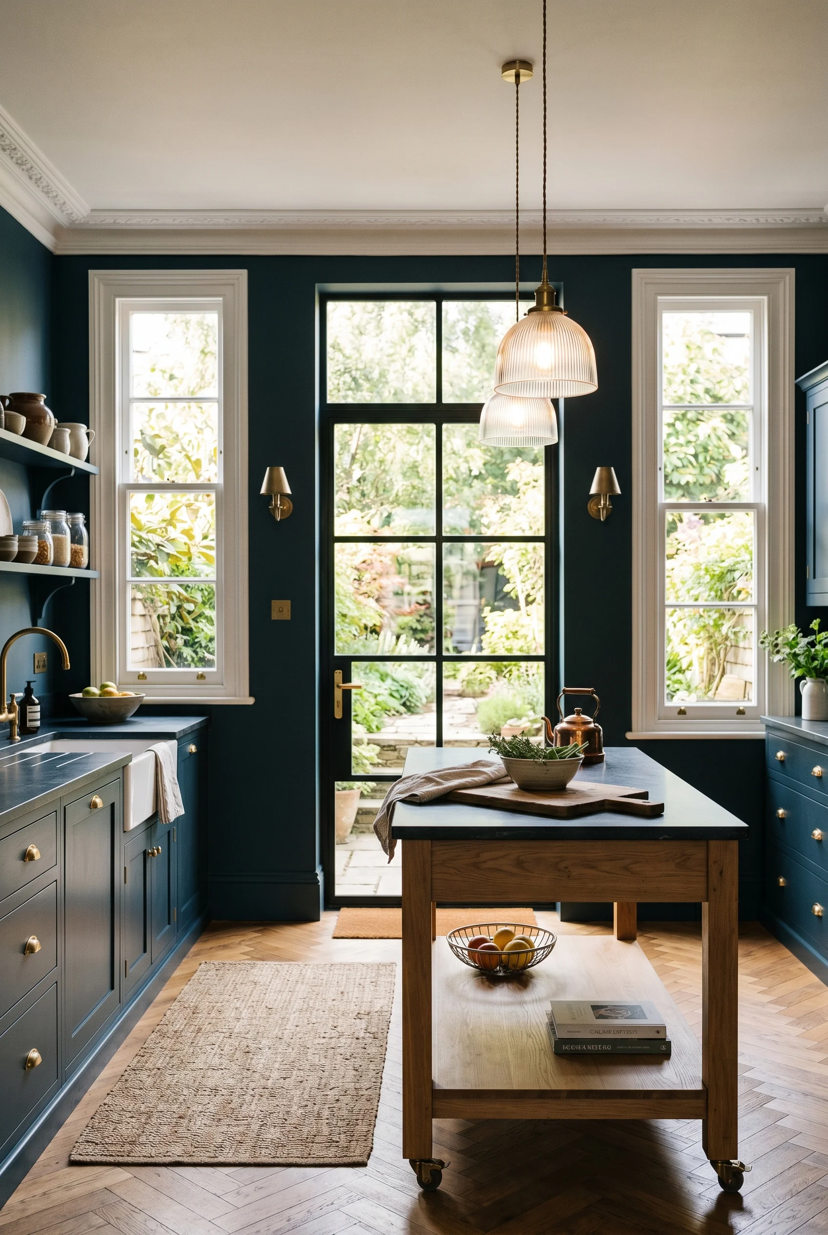 Victorian Kitchen design scene against Hague Blue walls