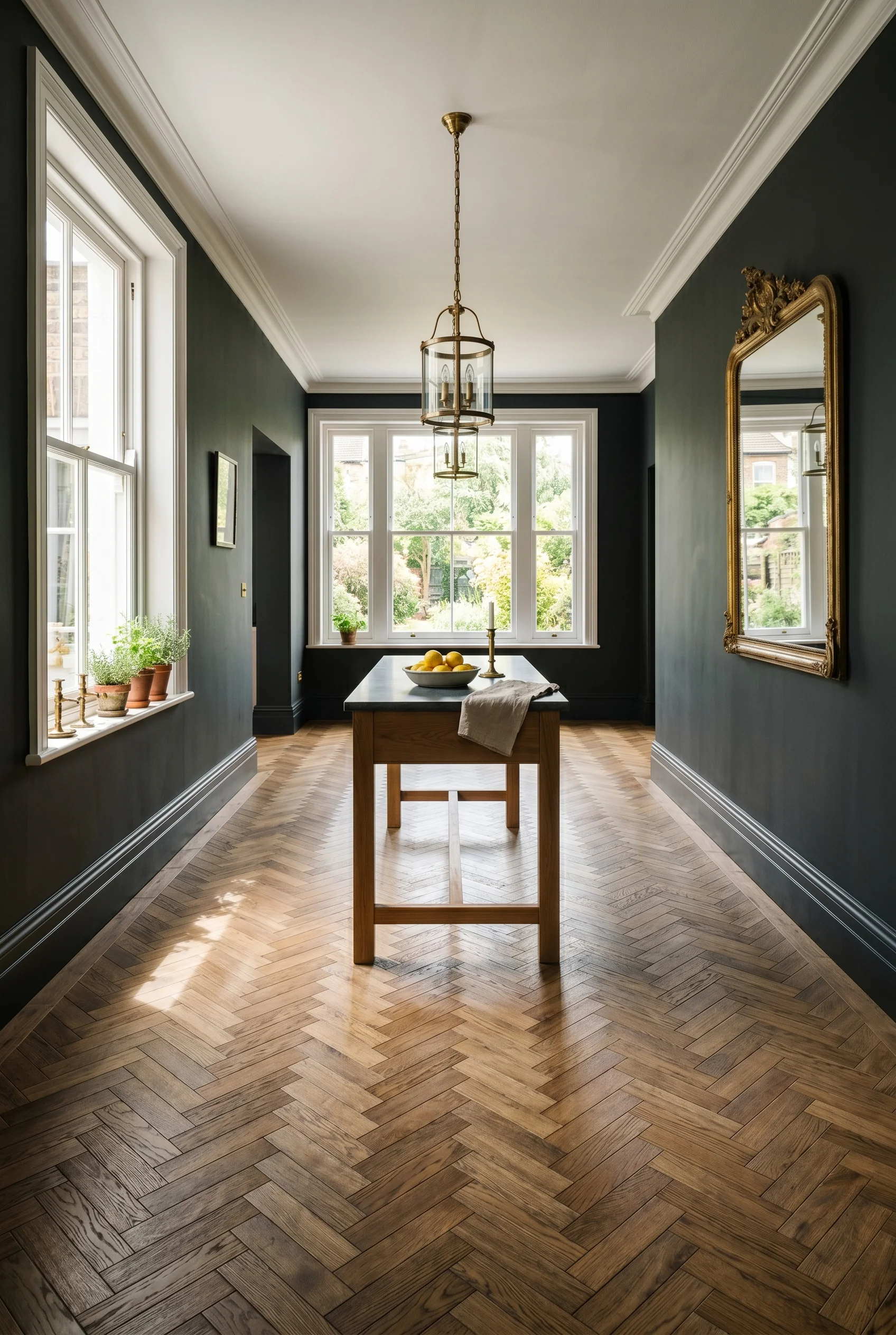 Victorian Kitchen design scene against Off-Black walls