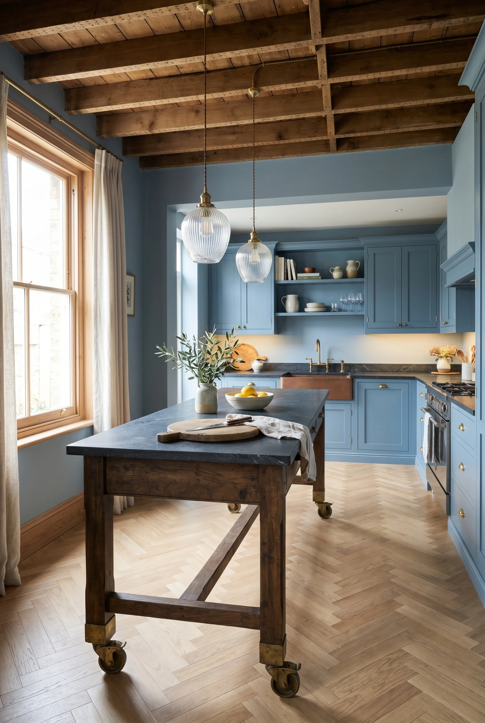 Victorian Kitchen design scene against Oval Room Blue walls