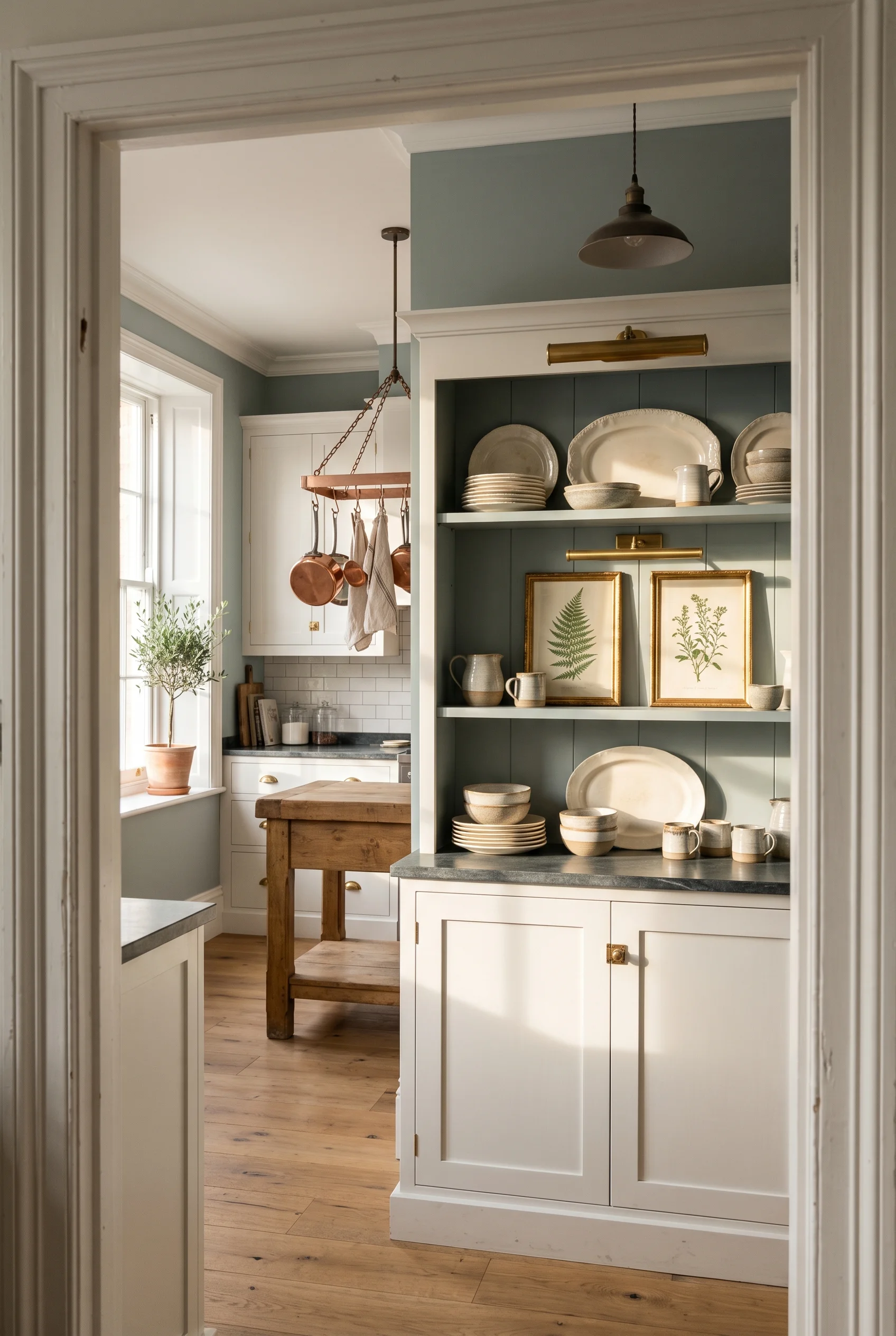Victorian Kitchen design scene against Pigeon walls