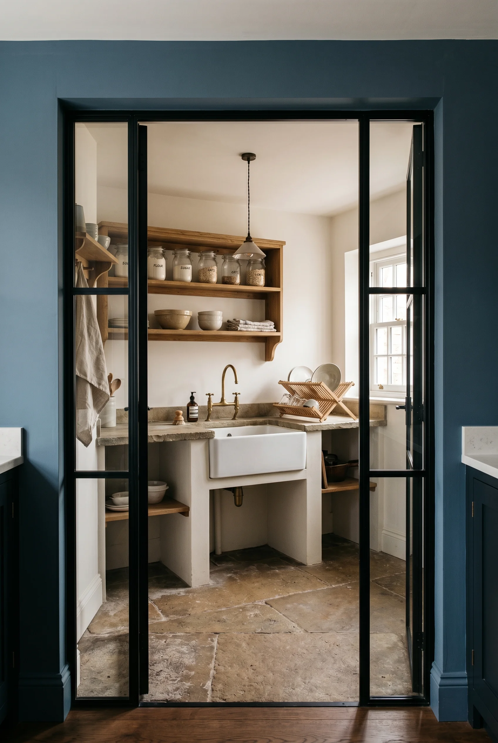 Victorian Kitchen design scene against Stiffkey Blue walls