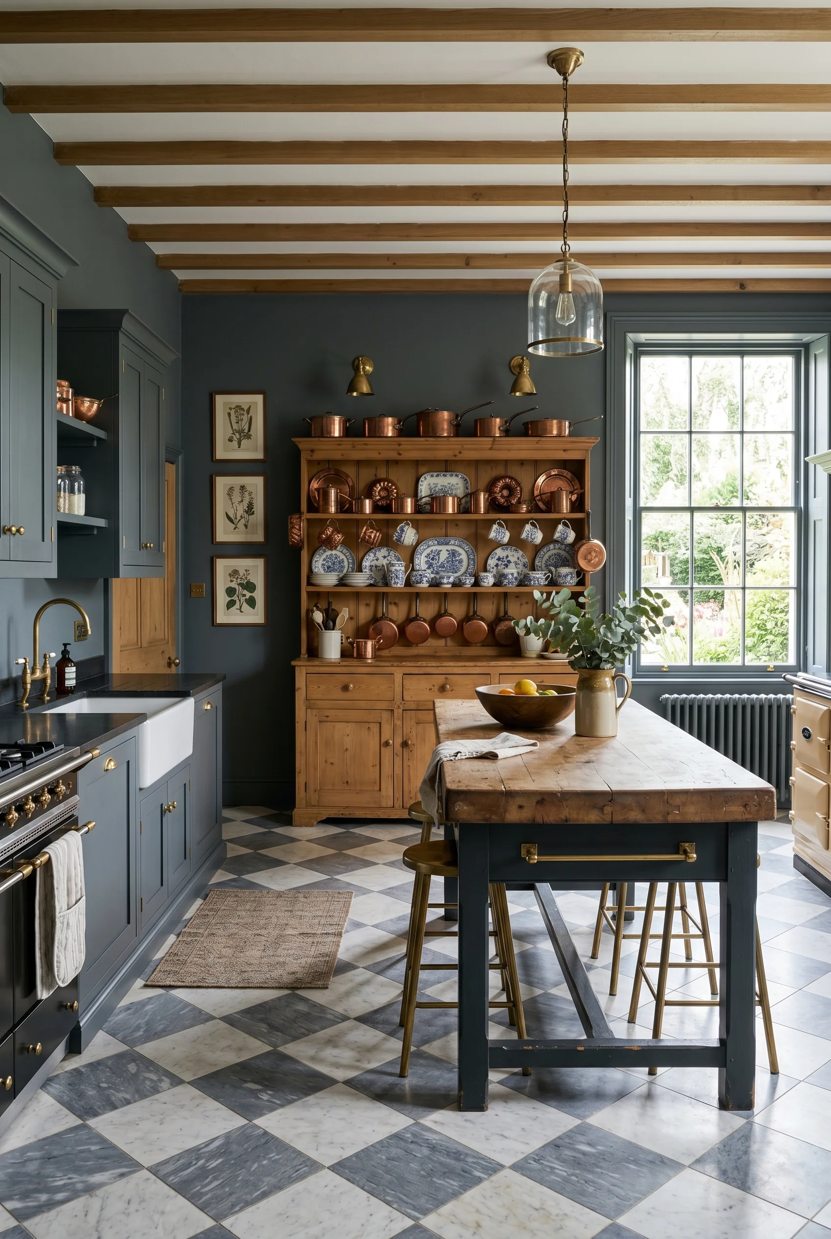 Victorian Kitchen featuring antique pine against Down Pipe walls