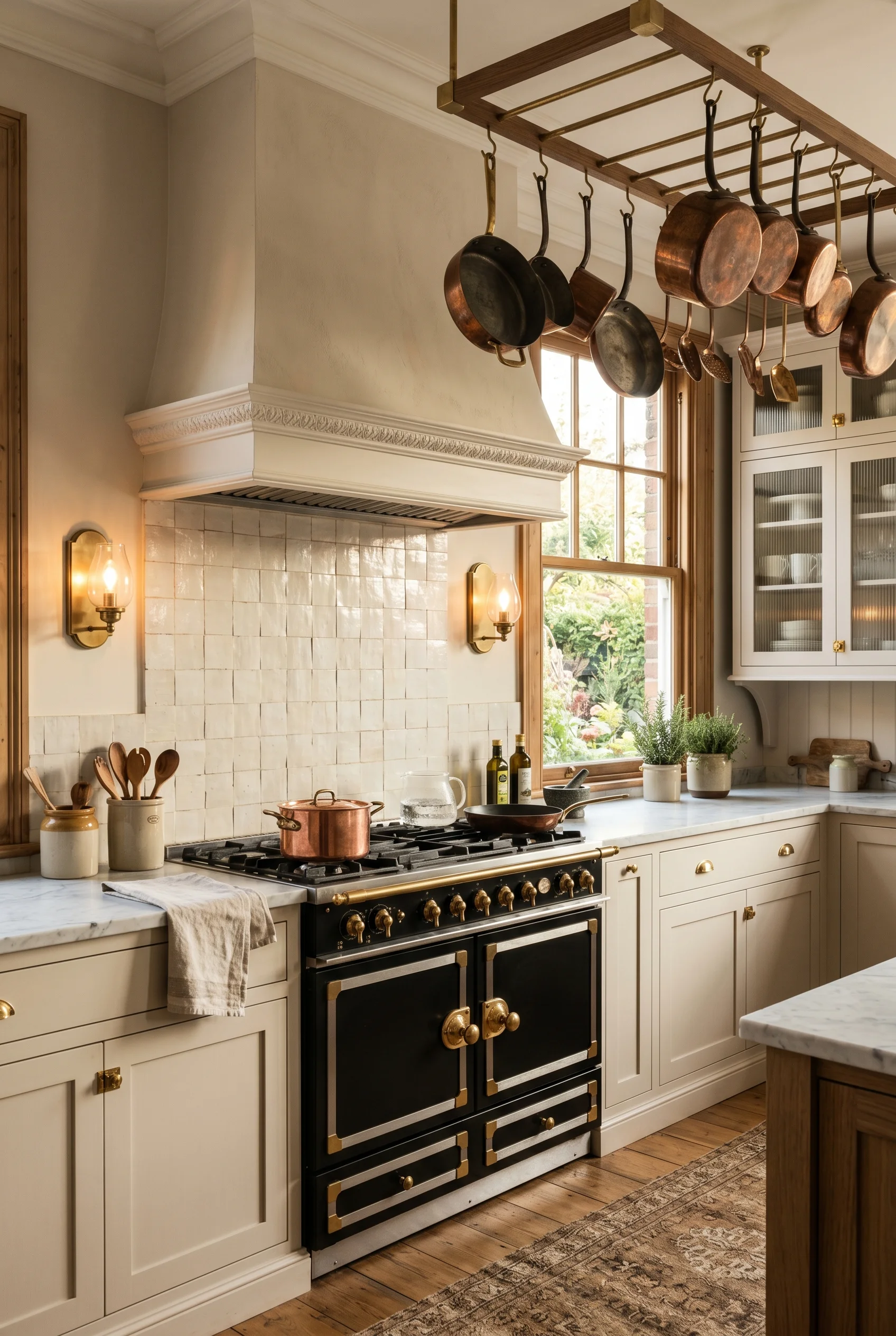 Victorian Kitchen featuring brass sconce against Slipper Satin walls