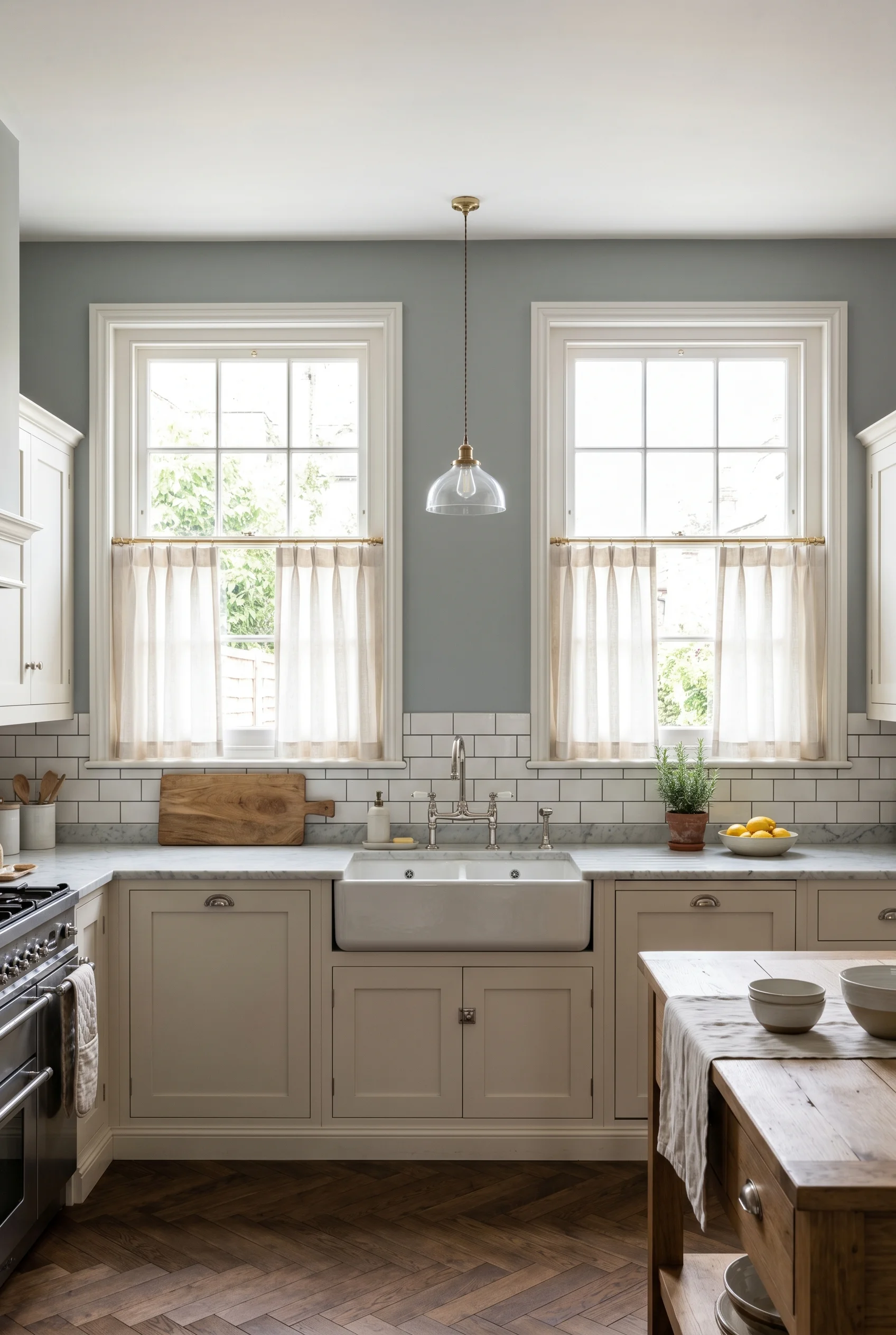 Victorian Kitchen featuring cafe curtains against Dix Blue walls