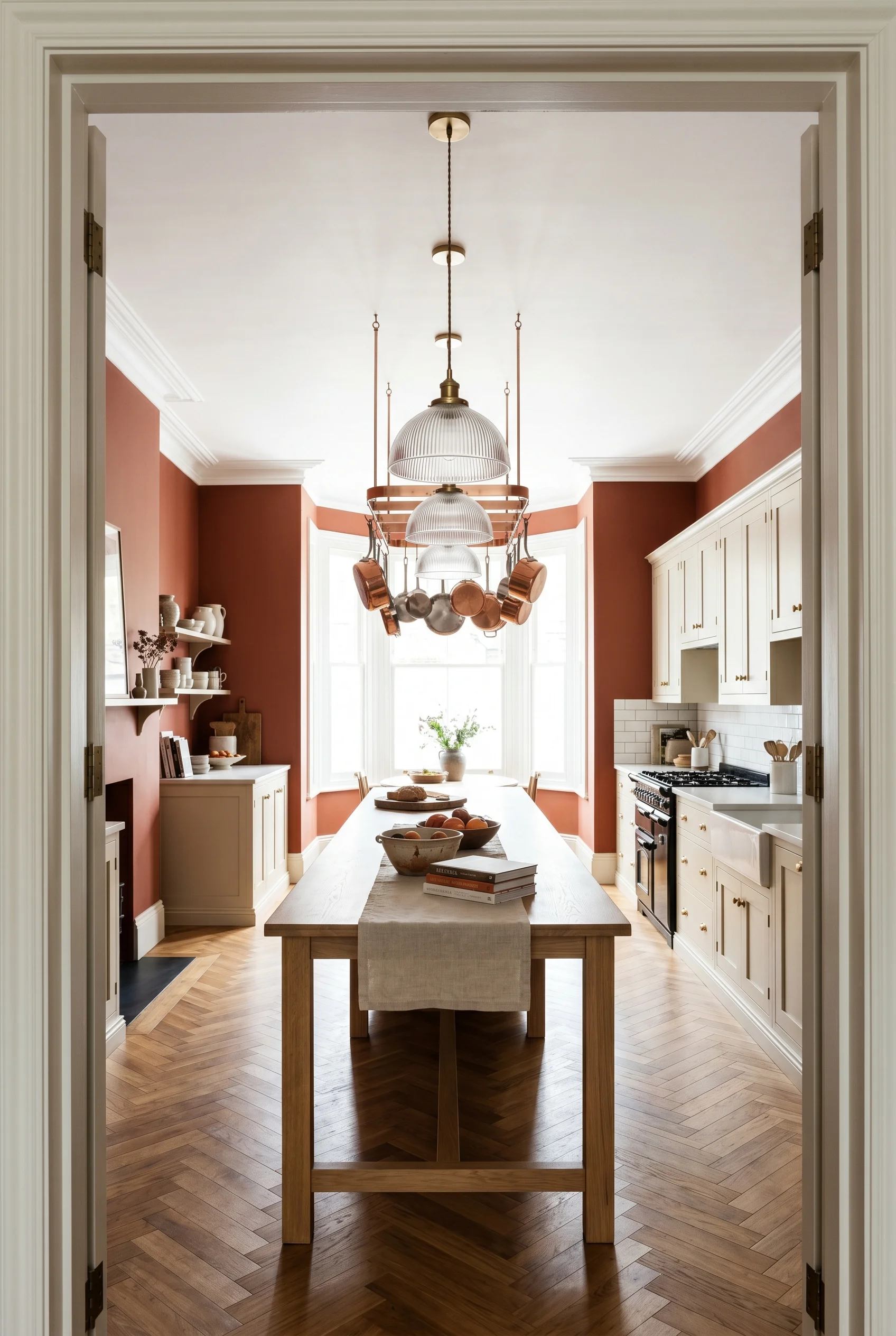 Victorian Kitchen featuring ribbed-glass pendant with shaker cabinet against Eating Room Red walls