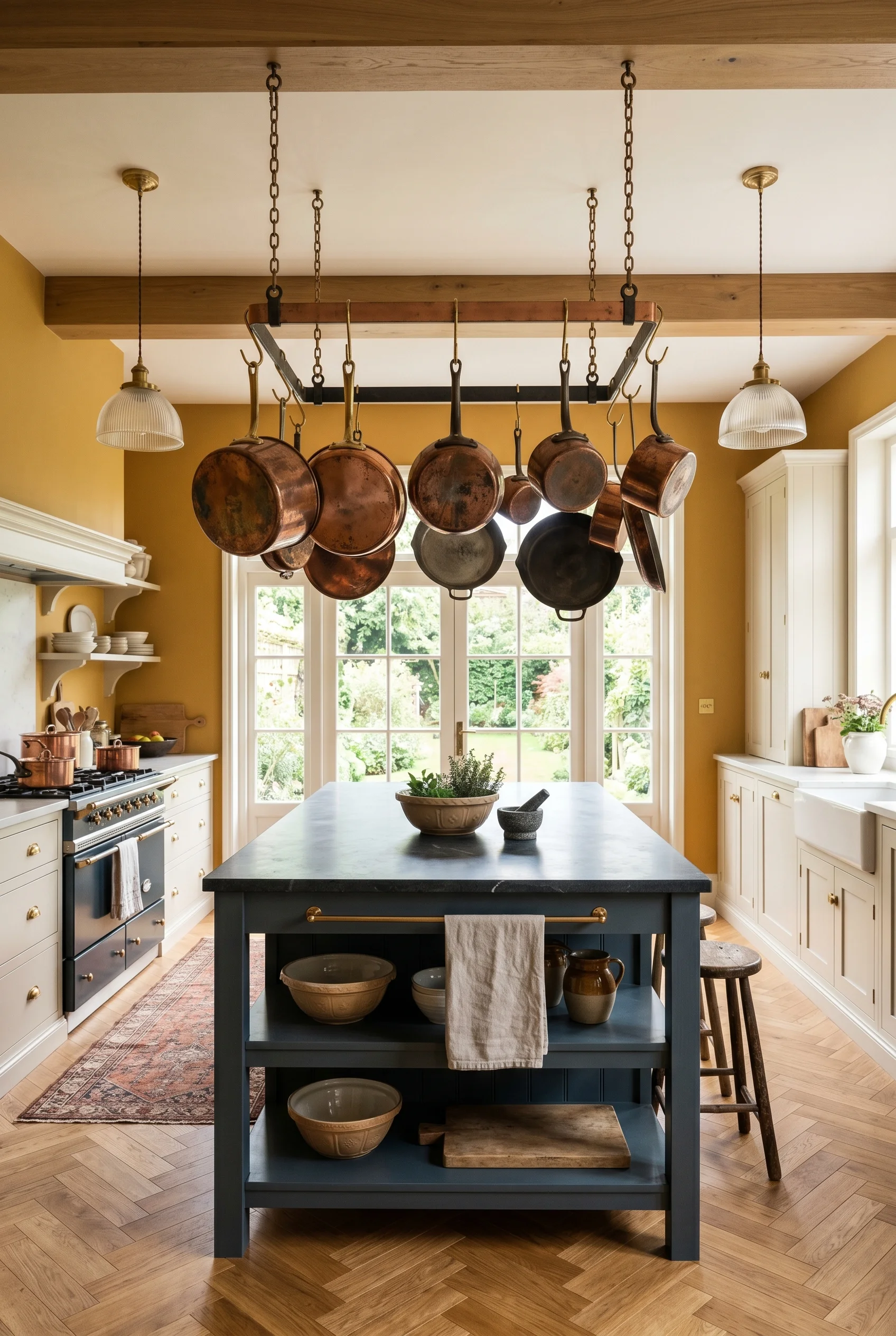 Victorian Kitchen featuring shaker cabinet against India Yellow walls