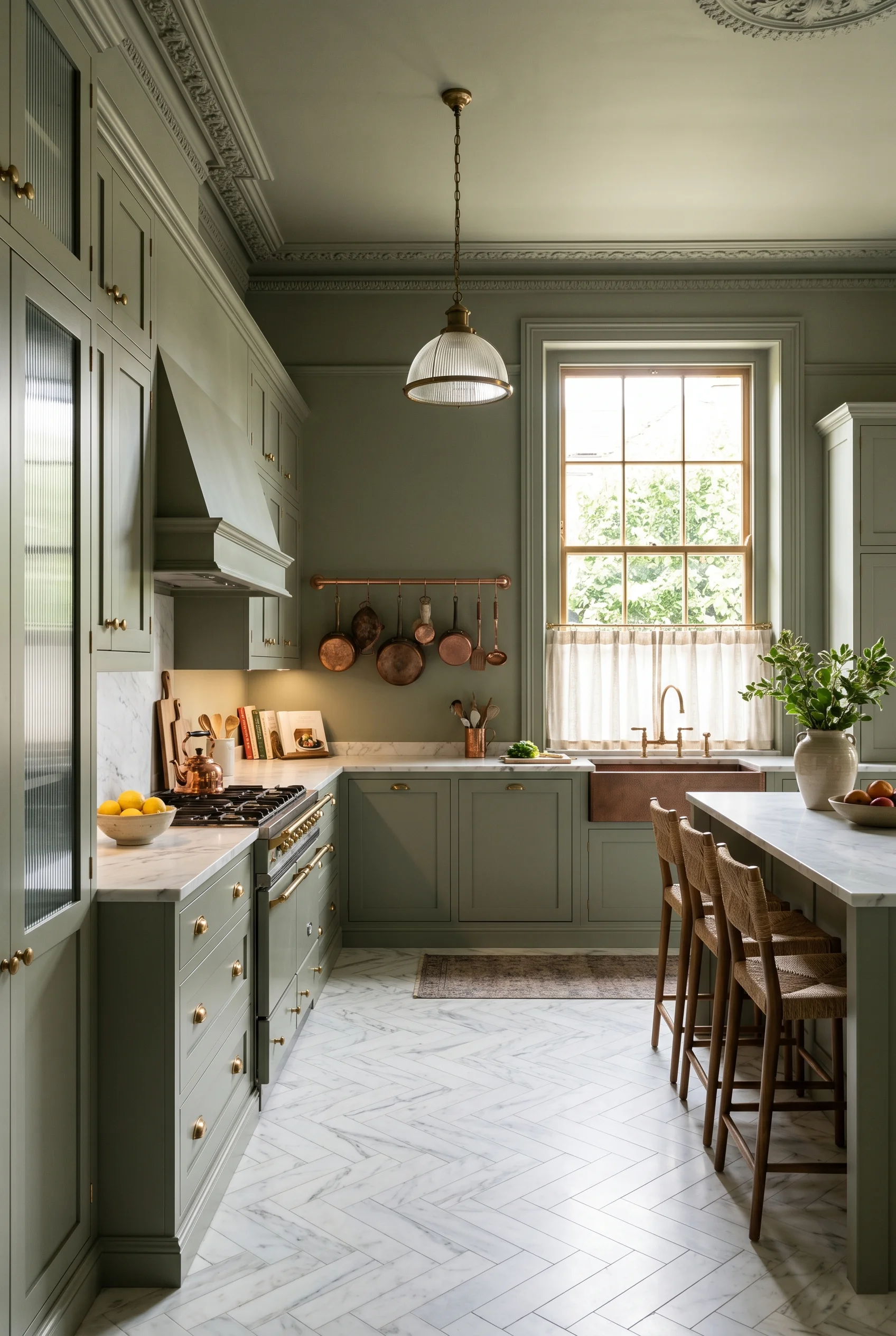 Victorian Kitchen featuring shaker cabinet against Lichen walls
